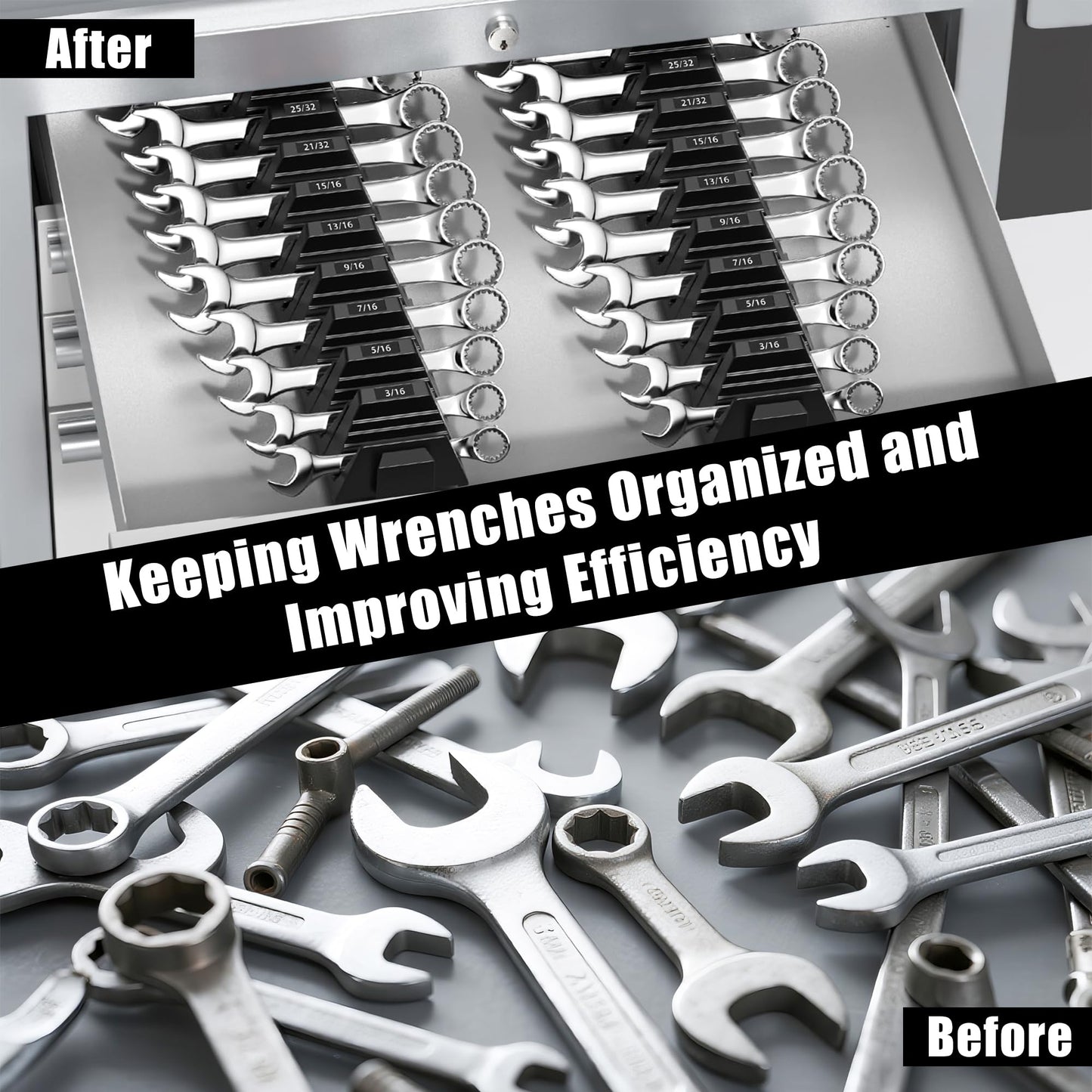 GQIRIL Magnetic Modular Wrench Organizer - 48PCS Magnet Wrench Rack for Tool Box Drawer Storage, Tool Organization Holder with Metric & SAE Labels, Workshop Gift for Mechanics Men Father (Black)