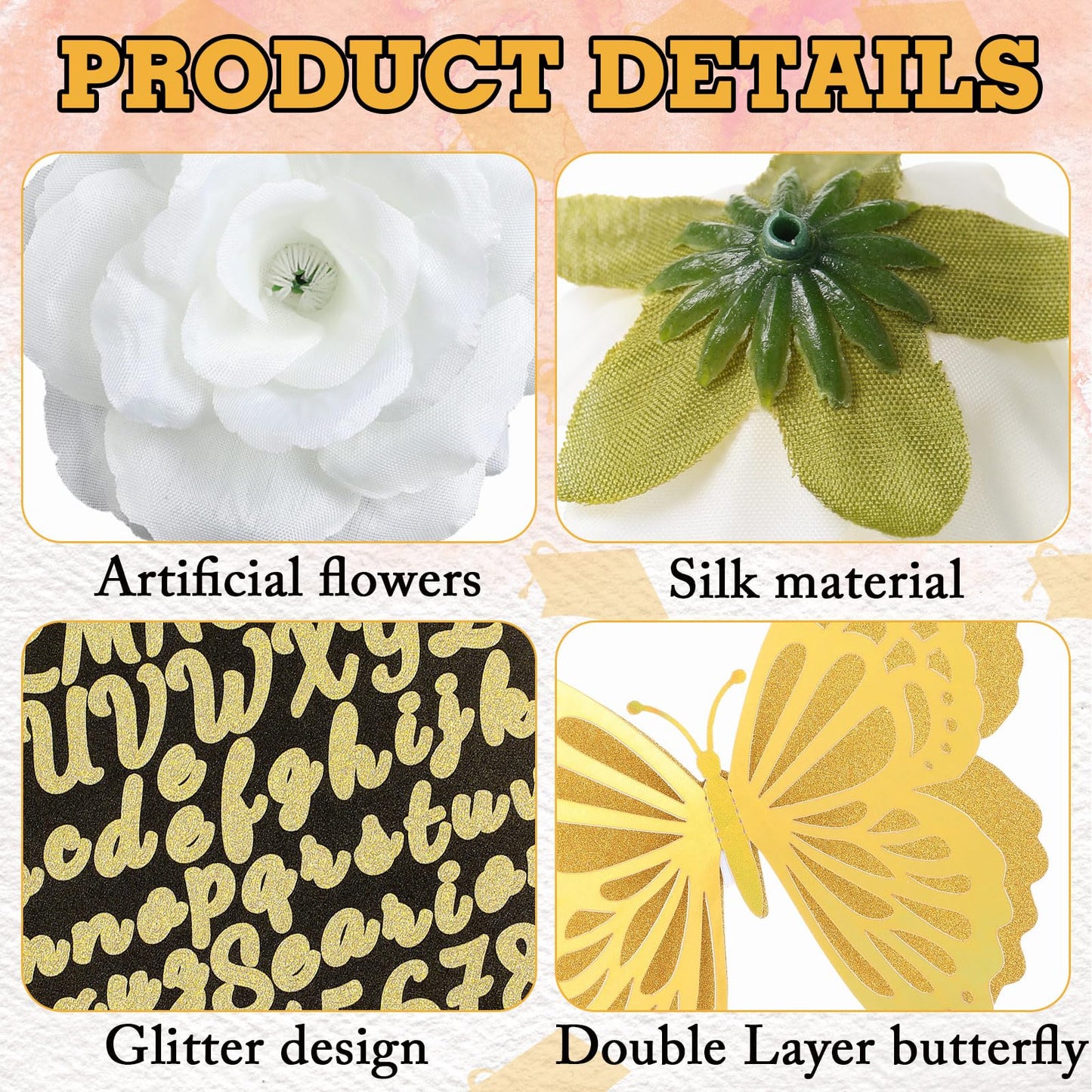 Solsew 35 Pcs DIY Graduation Cap Decorations Kit, Include Faux Flower 3D Butterfly Graduation Quote Glitter Sticker Pearl Rhinestone for Grad Hat Topper Cover Craft Gift(Creamy White,Gold,White)