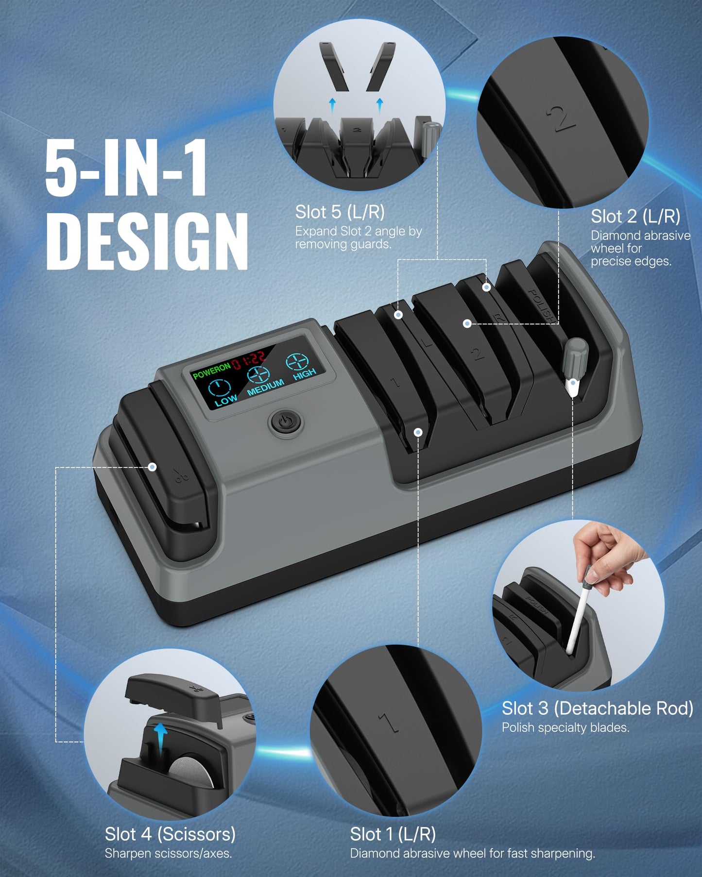 WILAWELS Electric Knife Sharpener, 5-in-1, 3 Rotational Speed Adjustable Electric Knife Sharpener for Straight/Serrated/Ceramic Knives, Scissors, Chef Knives, Axes, Grey H01KS06