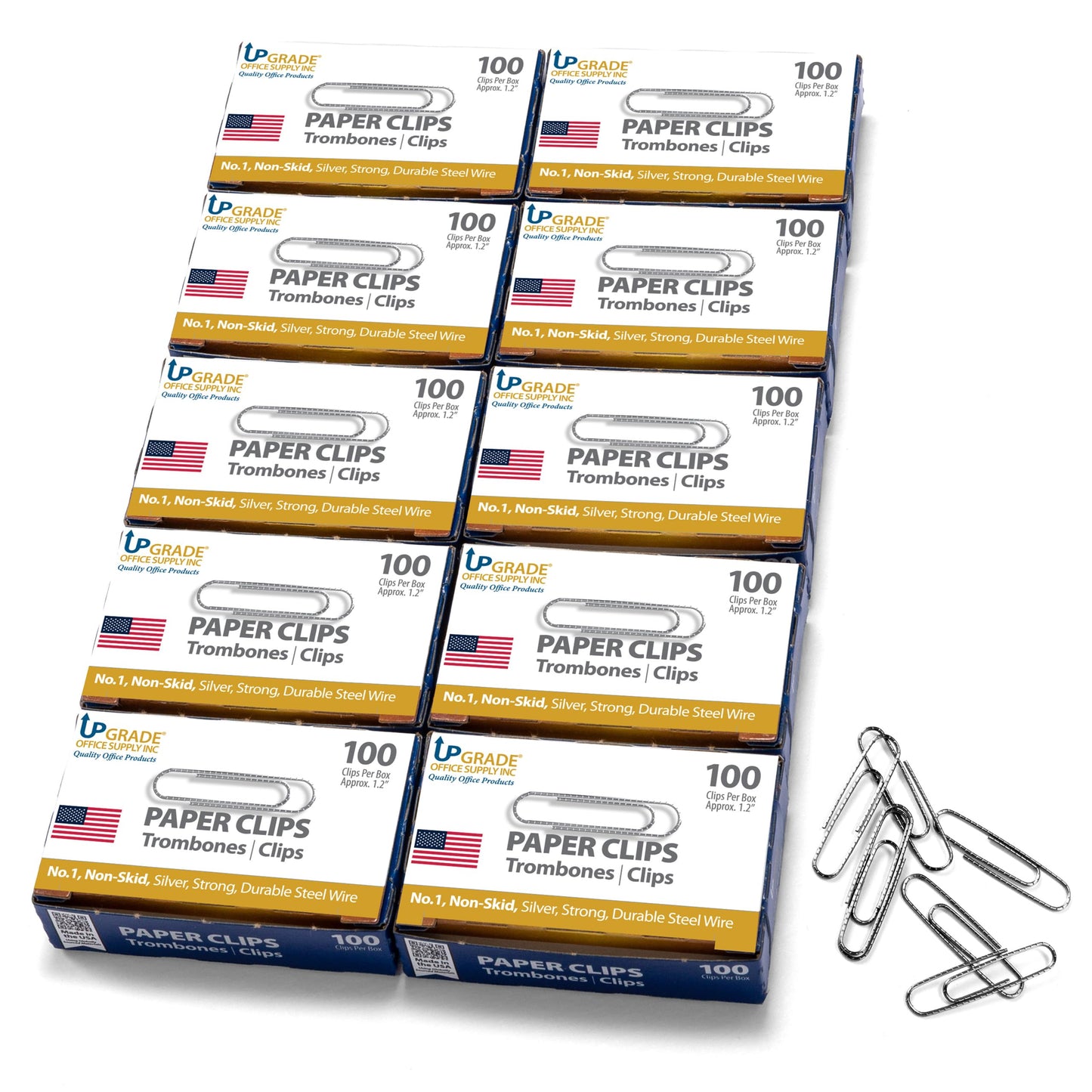 Upgrade Office Supply Paper Clips No. 1, Non Skid, 1.2 Inch, 1000 Count (10 Boxes of 100), Silver, USA