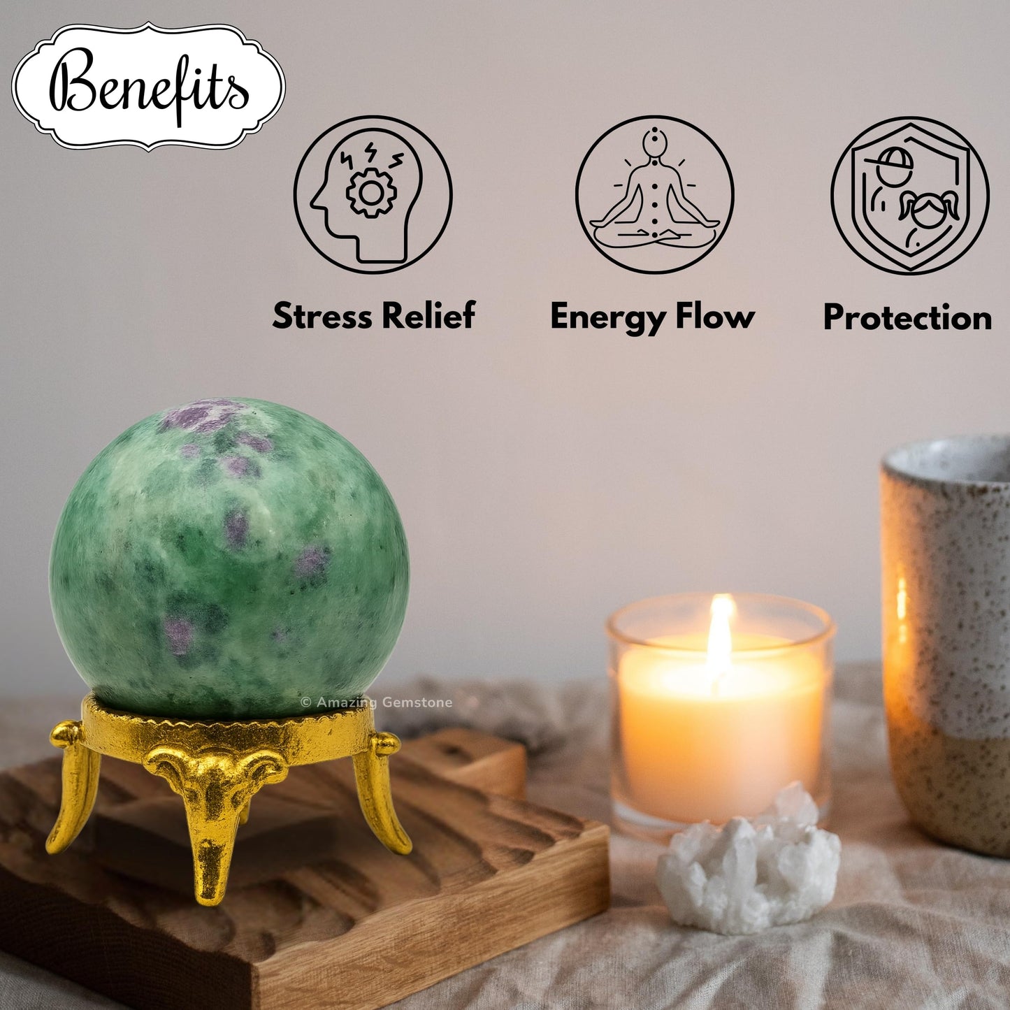 Amazing Gemstone Ruby Fuchsite Crystal Ball with Stand - 2 Inches Crystal Sphere Meditation Balls for Witchcraft and Decorative Balls