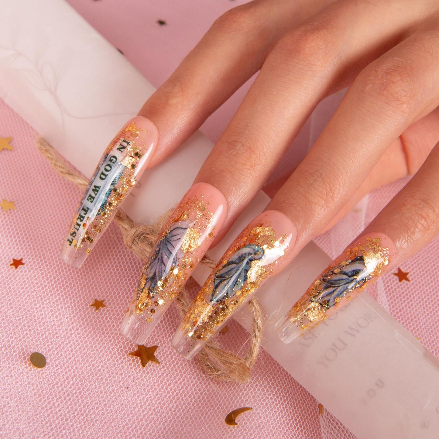 LOVFUL Press on Nails Dollar | Handmade with Full Covered Crystals | Reusable Fake Nails | Coffin Mid length 1.7 in | H98-S
