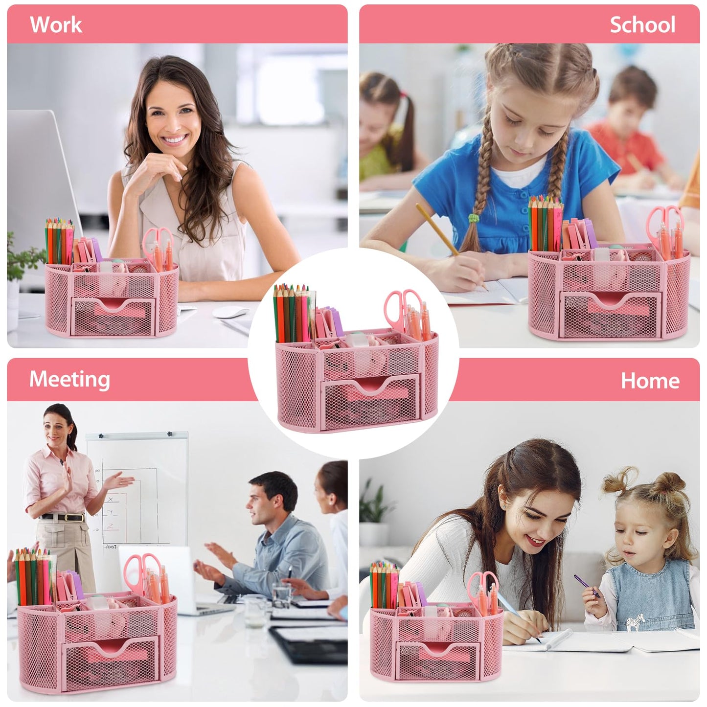 PrintPulse Pink Office Supplies for Desk,14pcs Desk Sets and Accessories, Office Supply Kit with Mesh Desktop Organizer and Stapler,Staple Remover, Staples,Tape Dispenser,Sticky Tabs,Scissors, Ruler