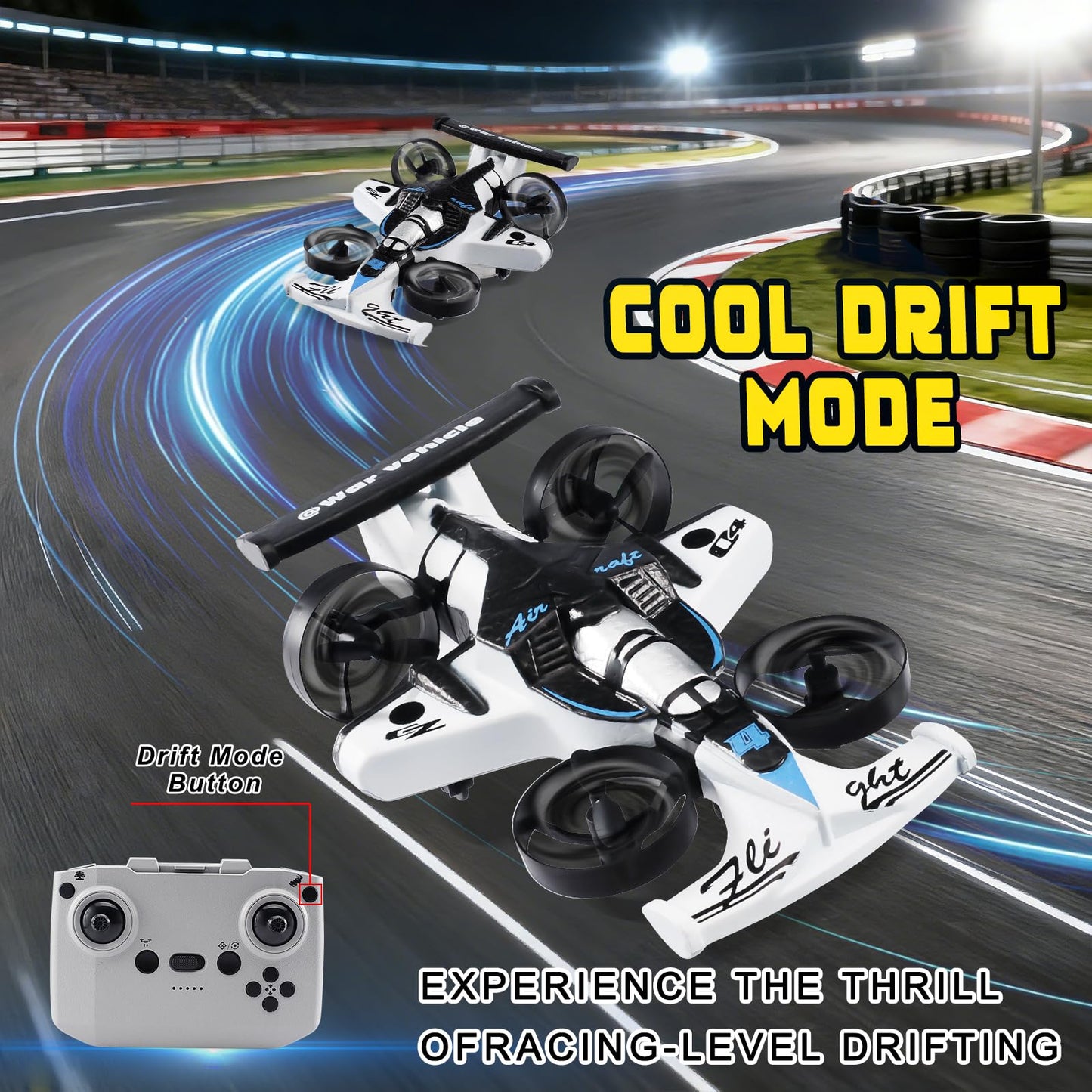 2-in-1 Flying Car & Stunt Drone, Racing Drift Aircraft，2in1 RC Quadcopter & Flying Car Toys for Age 14 Boys Small Micro Indoor Remote Control Flying Car Toy (White)