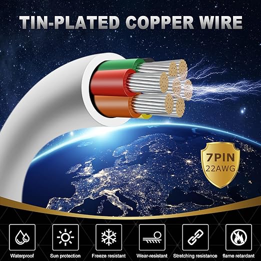 22 Gauge 7 Conductor Electrical Wire, 32.8FT White Stranded Low Voltage 22/7 PVC Case, 22 AWG Tinned Copper 7 Wire Extension Power for Strips LED Lamp Lighting