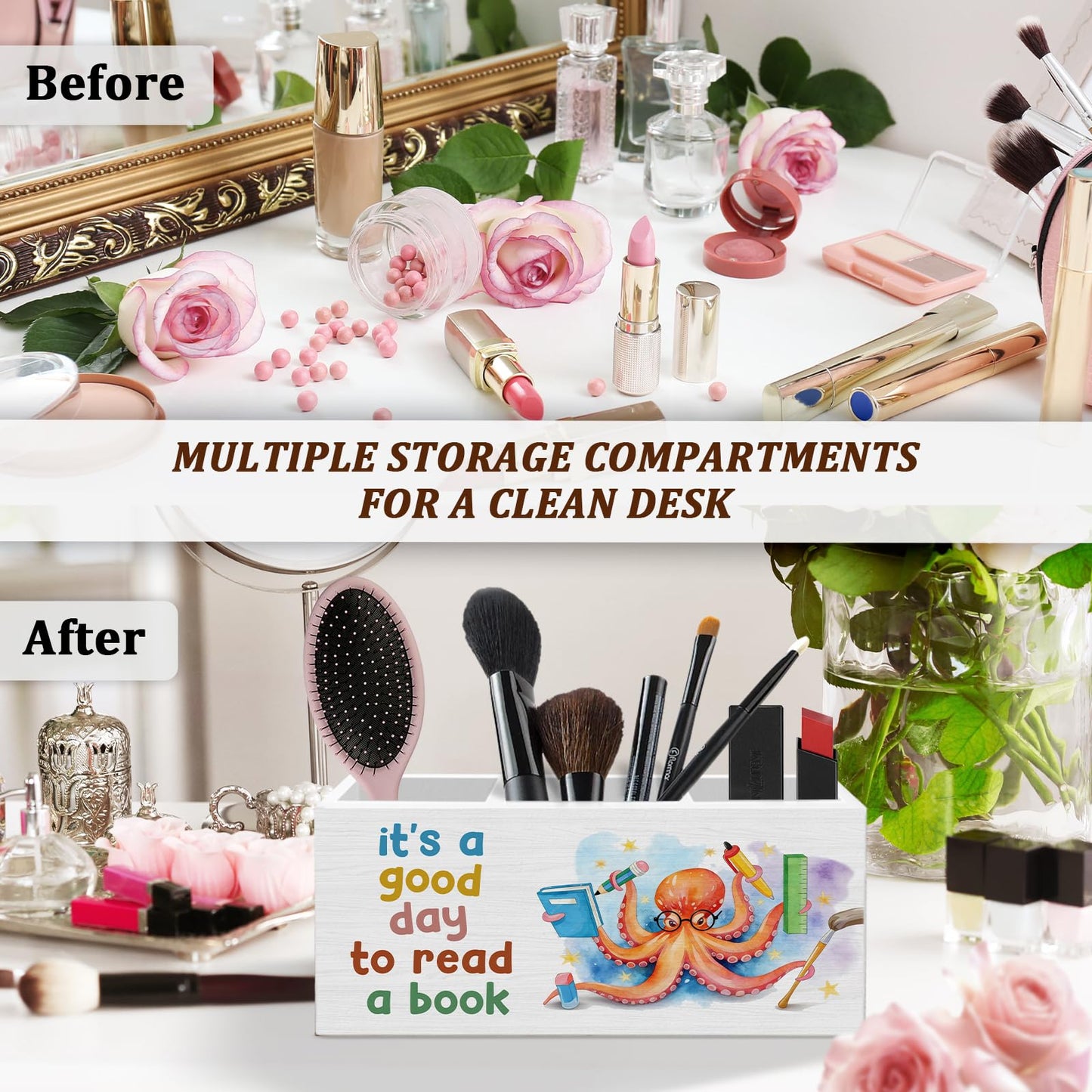 WODMIS Book Lovers Gifts Pen Pencil Holder for Desk, Book Reader Gifts, It's a Good Day to Read a Book Octopus Wooden Box Organizer Decorations for Classroom Reading Room Desk Accessories Tabletop