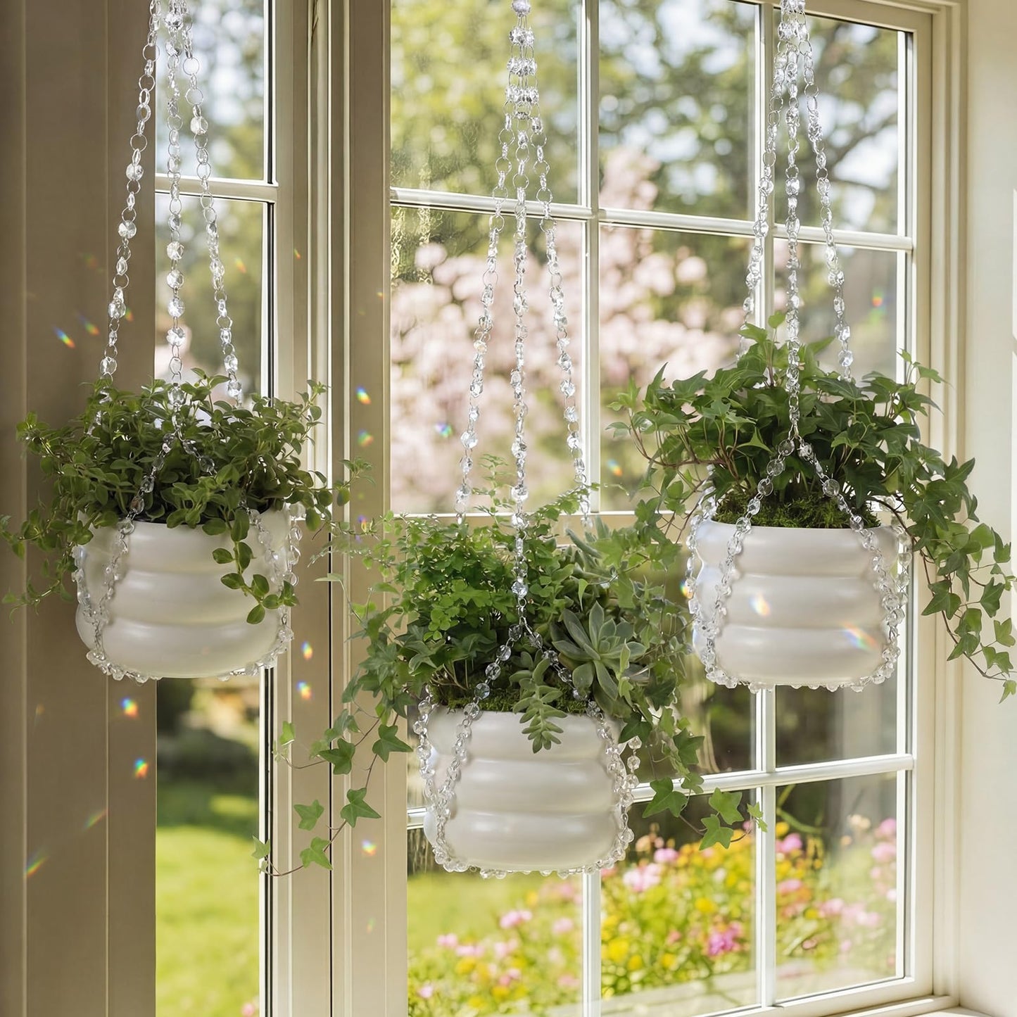 Sliner 3 Pack 24 Inch Crystal Beaded Plant Hanger Macrame Plant Hanger Decorative Hanging Planter Holder for Indoor Outdoor Boho Decor Wedding Home Garden