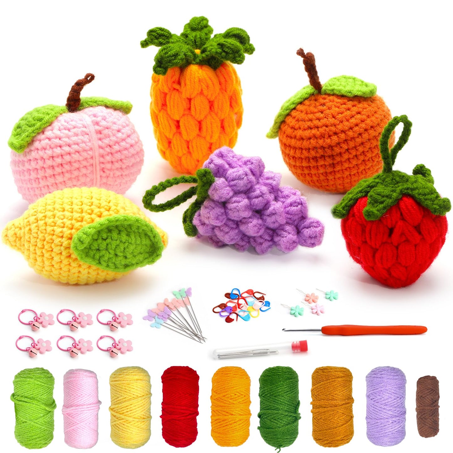 Lacabin Crochet Kit for Beginners, DIY Crochet Set with Yarn, Hooks & Accessories, Beginner Crochet Kit Complete Knitting Starter Kit Fruits 6 Pack