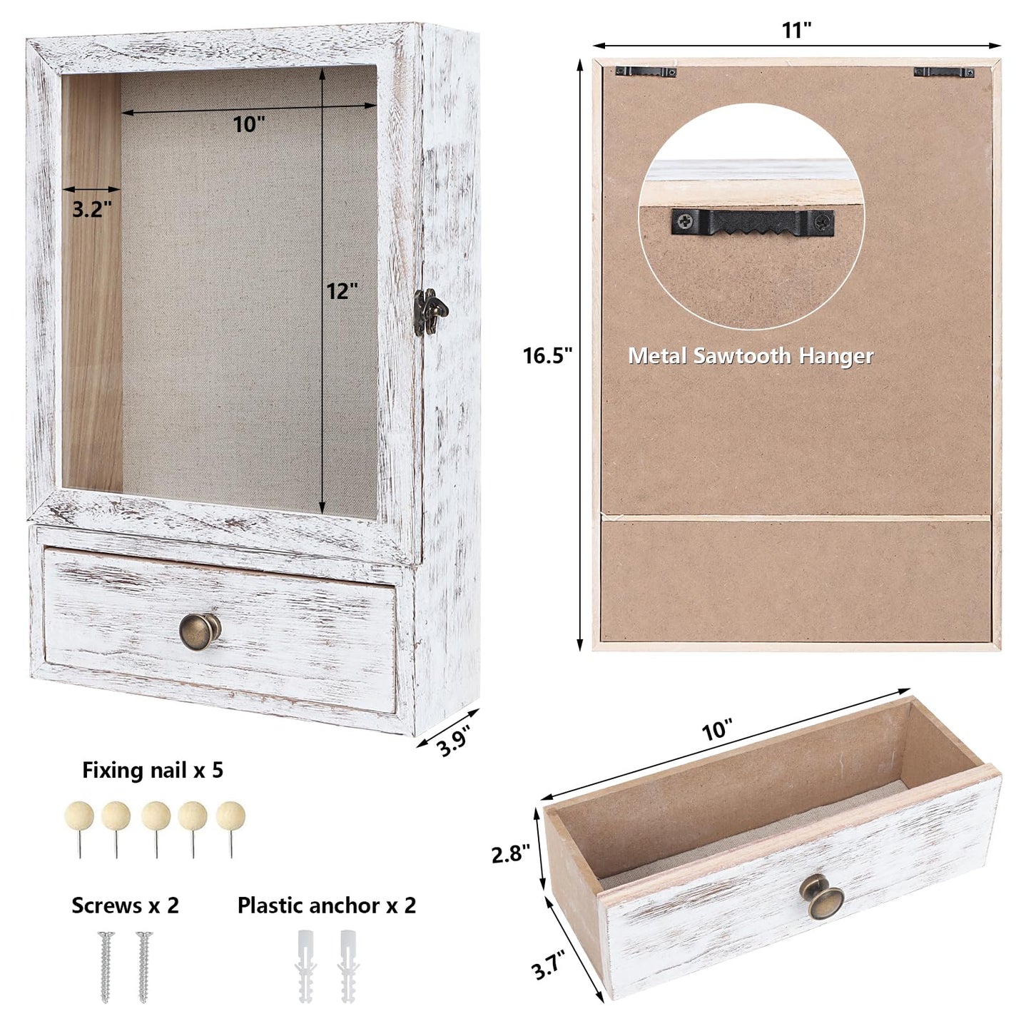 Butizone Shadow Box Frame, 3.2” Deep Shadow Box Display Case with Real Glass and Drawer, Rustic Wood Memory Boxes for Pictures, Flowers, Memorial, Medals, Wedding Bouquet for Wall or Tabletop, White