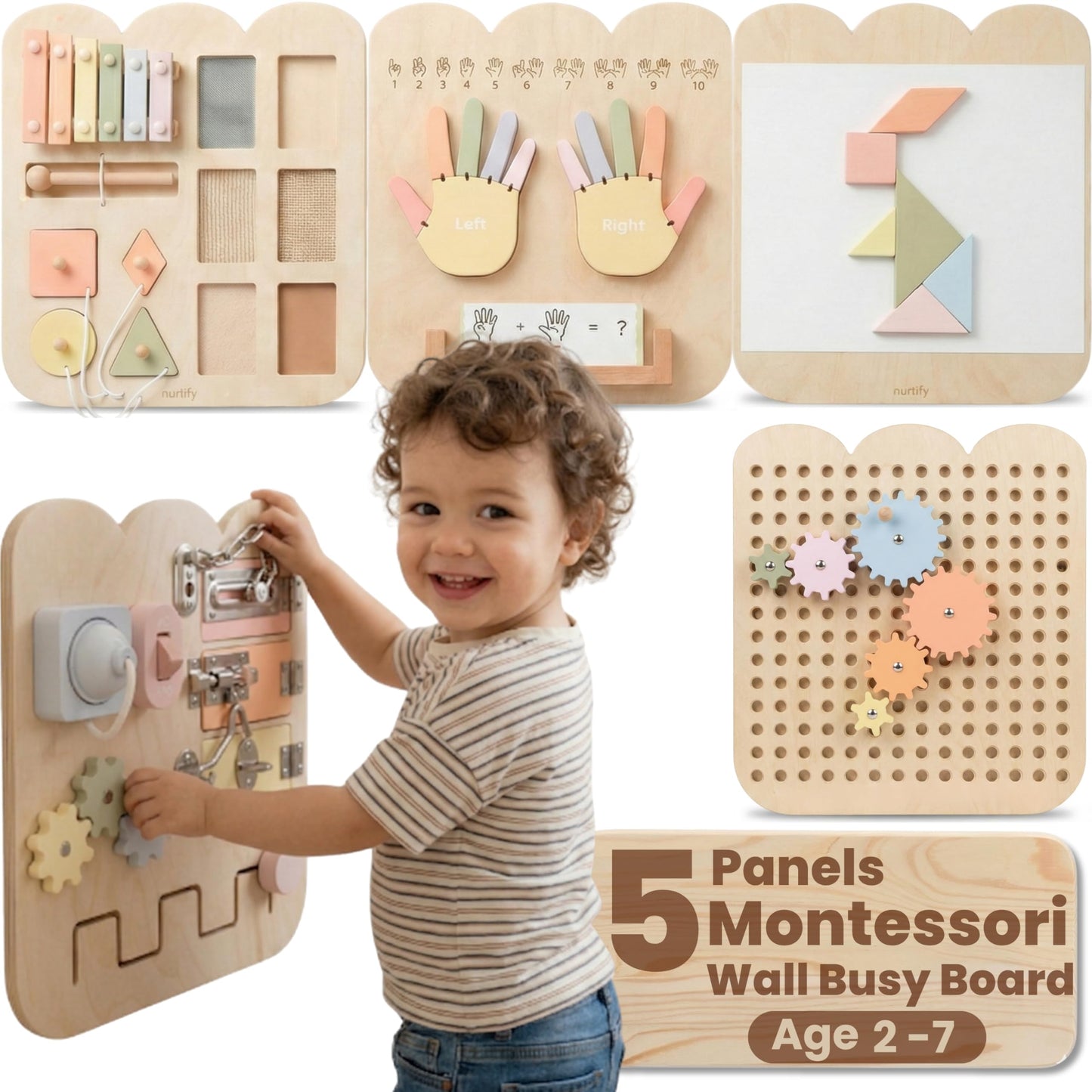 Nurtify 5 Panels, Wall Busy Board for Toddlers 2–7, 25-in-1 Montessori Wall Activity Board, Wooden Busy Board Wall Mounted, Sensory Wall Panel for Kids, Toddler wall Activity, Large Modular System