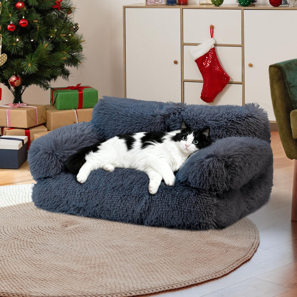 FURMORENE Large Cat Beds for Indoor Cats, Dog Couch Bed, Cute Cat Couch Sofas for Less 20lbs Kitten Puppy, Small Dog Sofas & Chairs with Removable Washable Cover, Warm Pet Furniture, Plush Light Grey