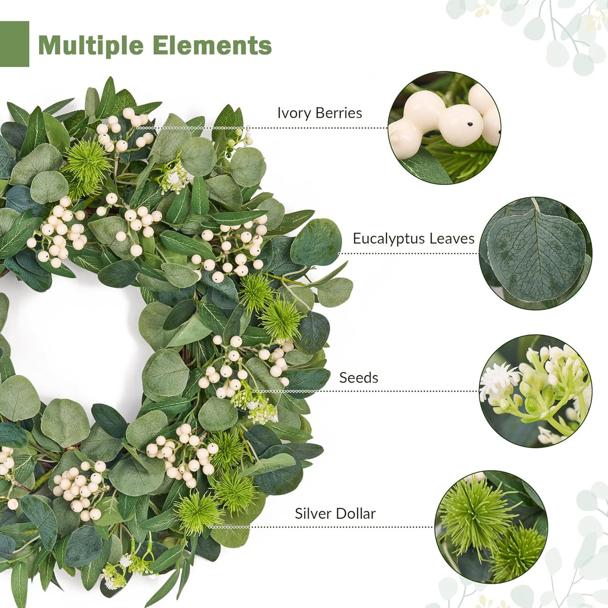 GENMOUS 24Inch Artificial Eucalyptus Wreath for Front Door, Christmas Wreaths with Ivory Berries Silver Dollar, Green Wedding Home Wall Door Hanging Decor All Seasons, Holiday Thanksgiving Halloween