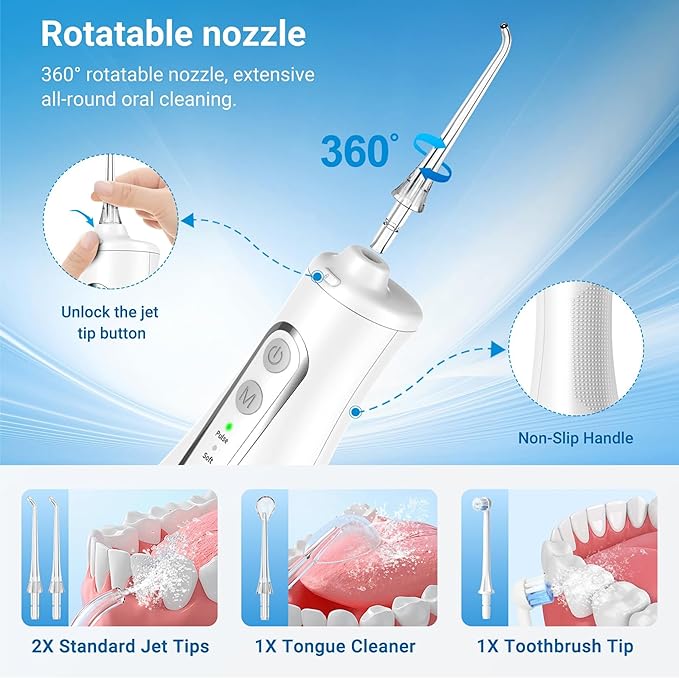 Cordless Water Flosser for Teeth, Gums & Braces – 4 Modes, 300ML Tank, 360° Nozzle, IPX7 Waterproof, USB Rechargeable 2000mAh Battery for Home & Travel (M149 Pro White)