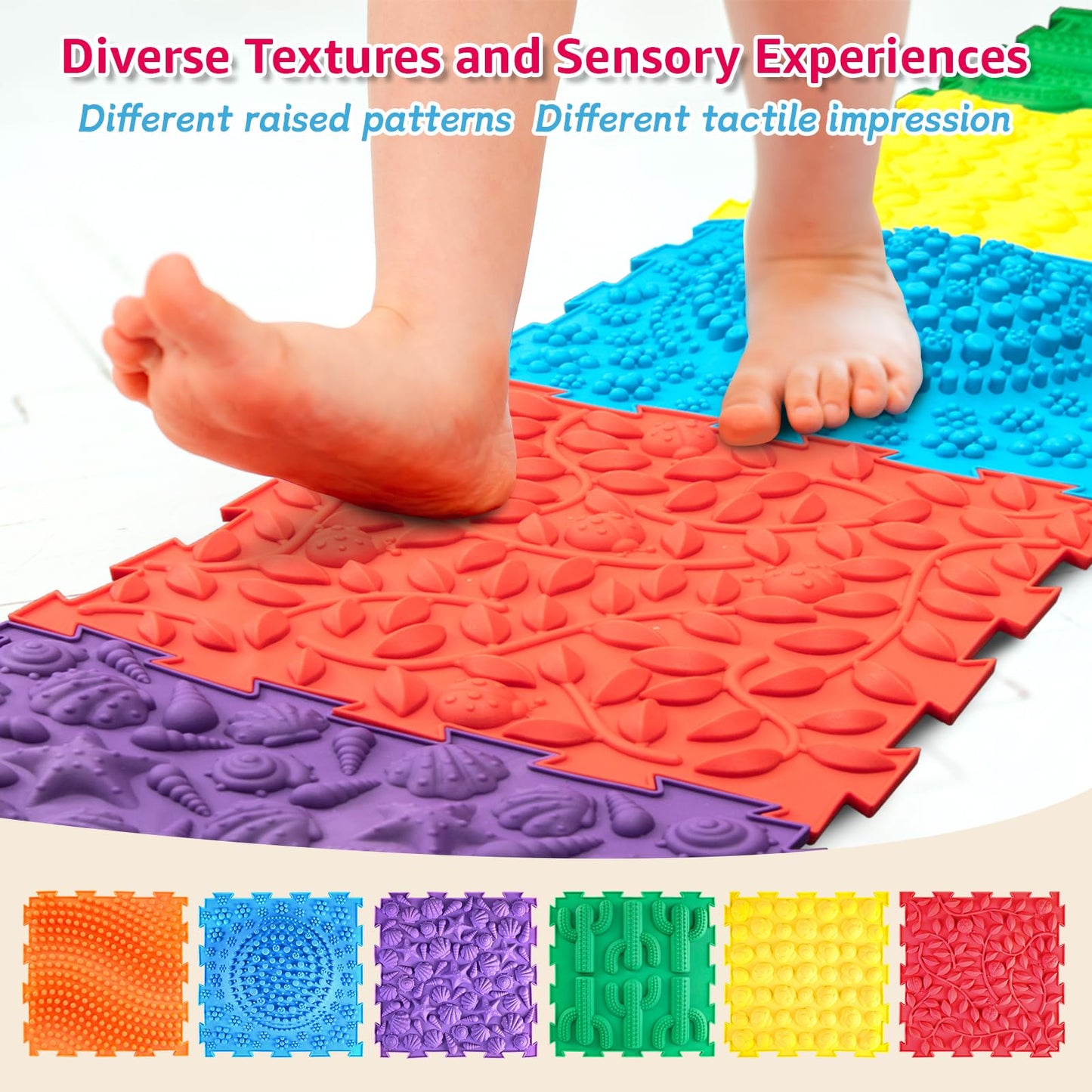 Edusense Sensory Mat for Autism Children - Textured Puzzle Play Mat for Kids, Non-Toxic Massage Game Floor Tiles | Safe Sensory Room Must Have (Classical)