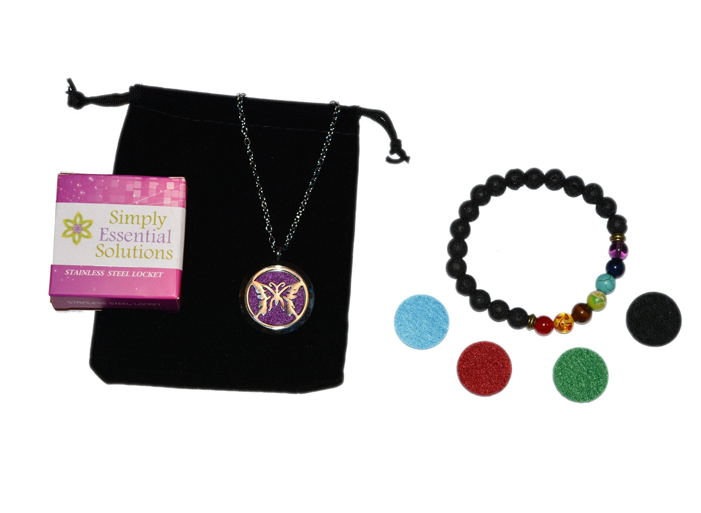 Aromatherapy Essential Oil Diffuser Stainless Steel 30MM Silver Magnetic Locket Pendant with Chain Necklace and Colored Refill Pads & Diffuser Bracelet All in a Velvet Bag (butterfly2)