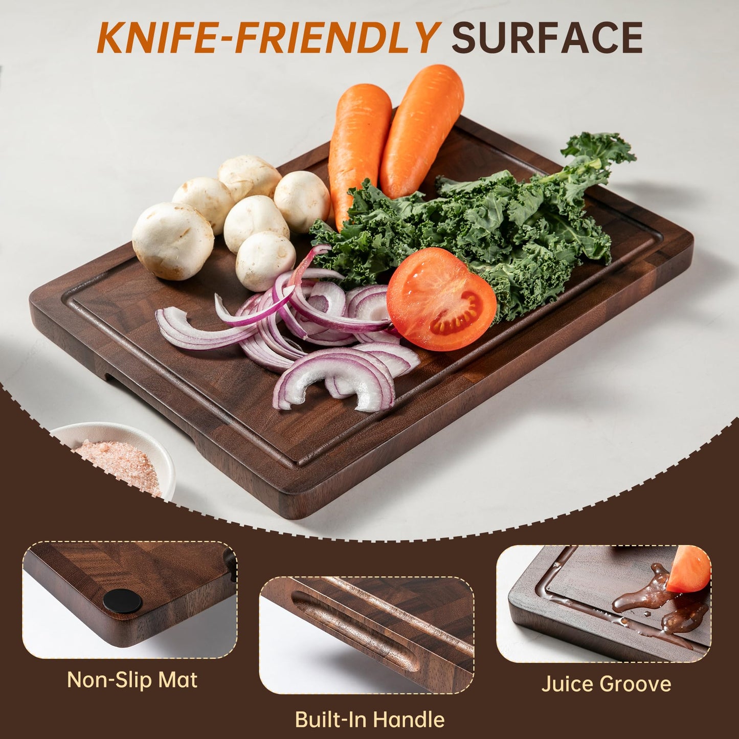 THETCHRY Walnut Wood Cutting Board Set, End Grain Cutting Boards for Kitchen with Handle, Non Toxic Wooden Charcuterie Boards Double Sided, Butcher Block for Meal Prep & Serving with Gift Box