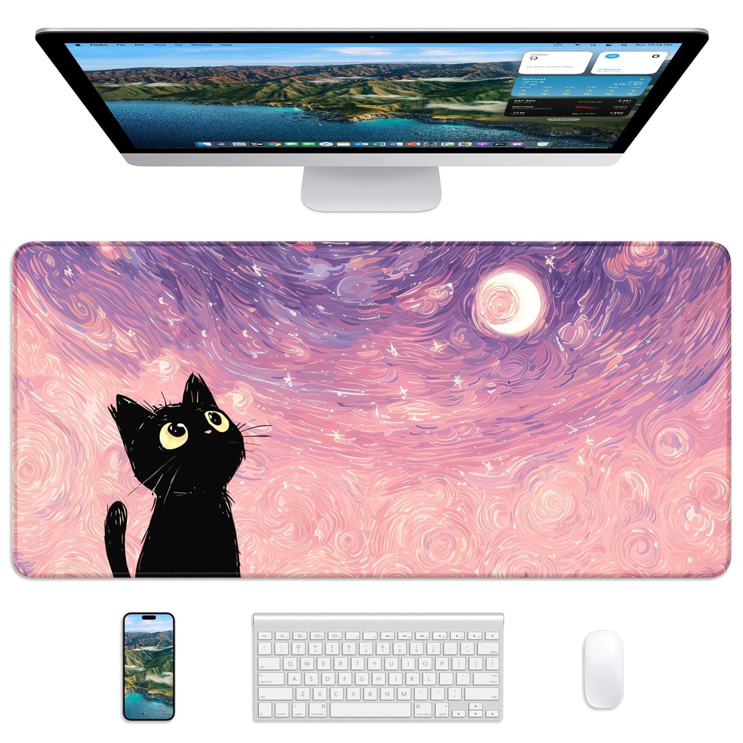 Velluxion XL Gaming Mouse Pad, 31.5x15.7'' Large Desk Mat with Anti-Slip Rubber Base & Stitched Edges for Gaming, Office, Home, Van Gogh Cat