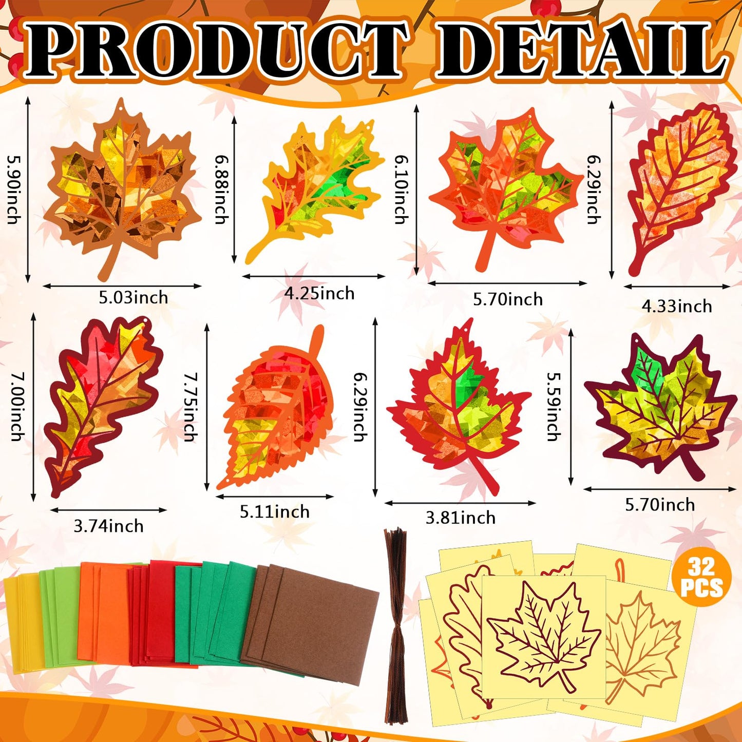 Motipuns 32 Sets Thanksgiving Day Maple Leaf Suncatchers Craft Kits DIY Fall Leaf Tissue Paper Crafts Stained Glass Effect Tissue Paper Kit for Autumn Halloween Window Art