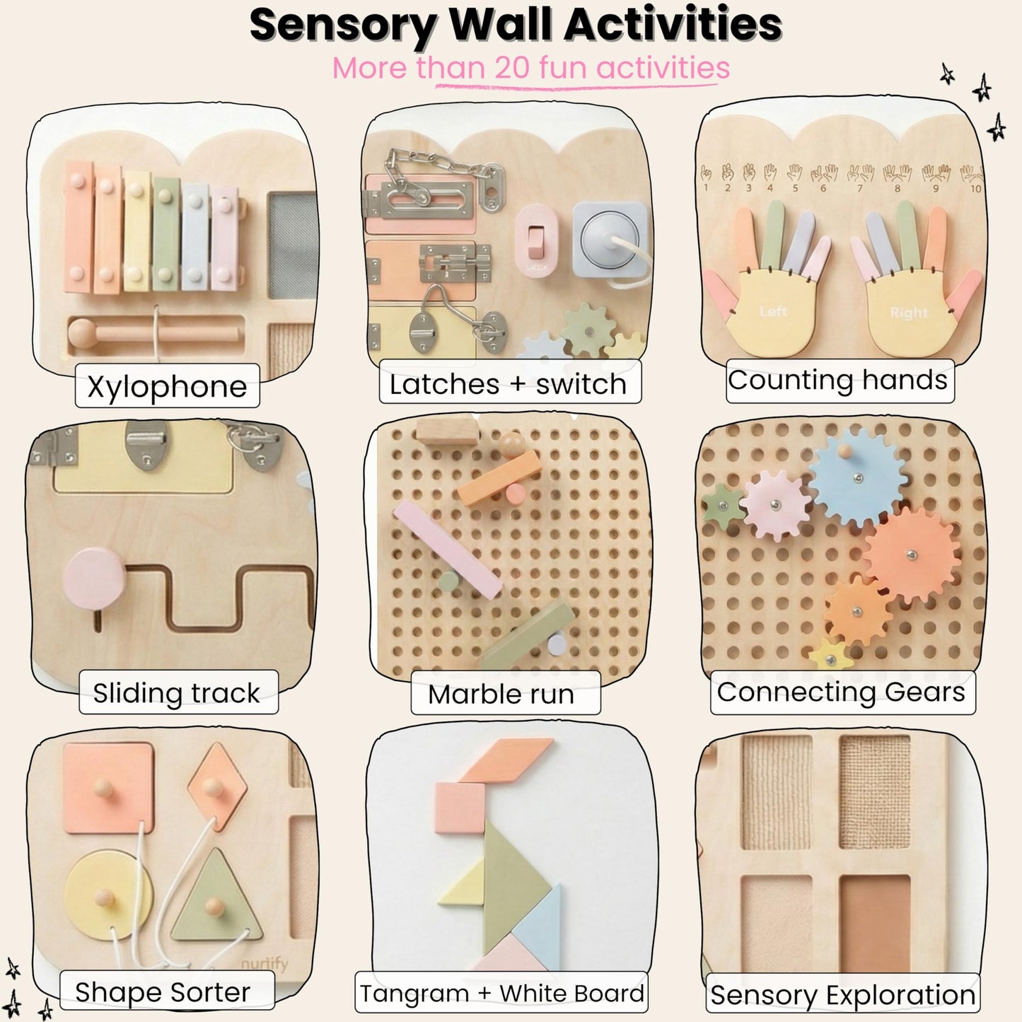Nurtify 5 Panels, Wall Busy Board for Toddlers 2–7, 25-in-1 Montessori Wall Activity Board, Wooden Busy Board Wall Mounted, Sensory Wall Panel for Kids, Toddler wall Activity, Large Modular System