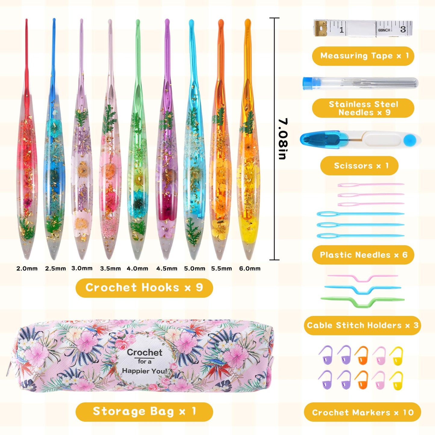 Jieting 9 Sizes Ergonomic Crochet Hooks Set 2.0mm–6.0mm with Floral Handles, Crochet Hook Kit for Beginners, Smooth Yarn Crochet Needles with Storage Bag & Accessories for Knitting Lovers
