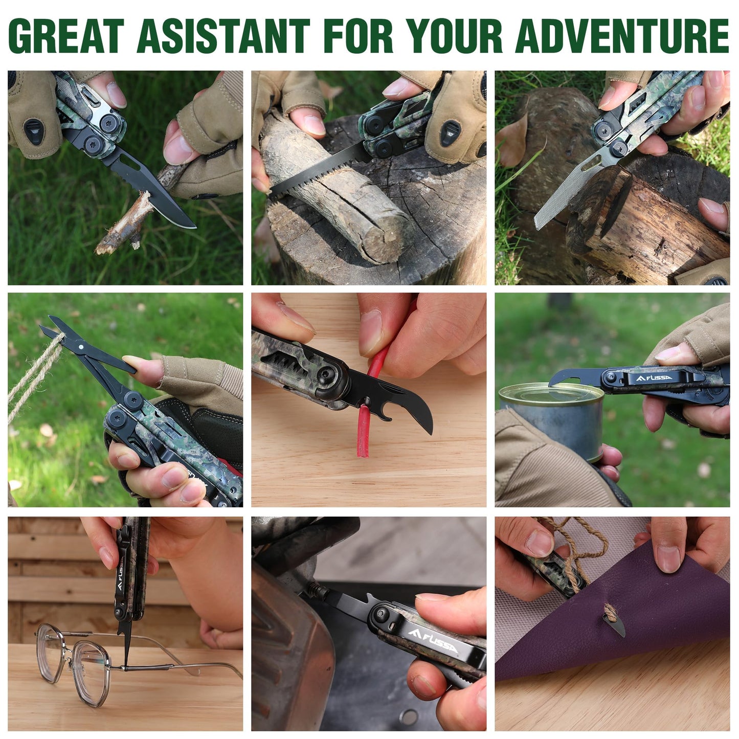 FLISSA Multitool, 18 in 1 Camo Multitool Pliers with Fire Starter, Window Breaker, Whistle, Stainless Steel EDC Gear with Sheath - Perfect for Survival, Simple Repair, Camping