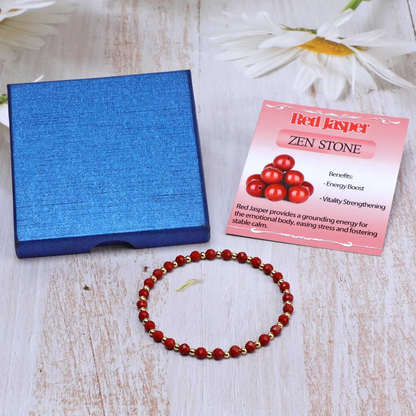 QOGIR Red Jasper - Zen Stone - 14K Gold Plated Beads Natural Gemstone Stretch Elastic Dainty Healing Beaded Bracelets Gifts 4mm