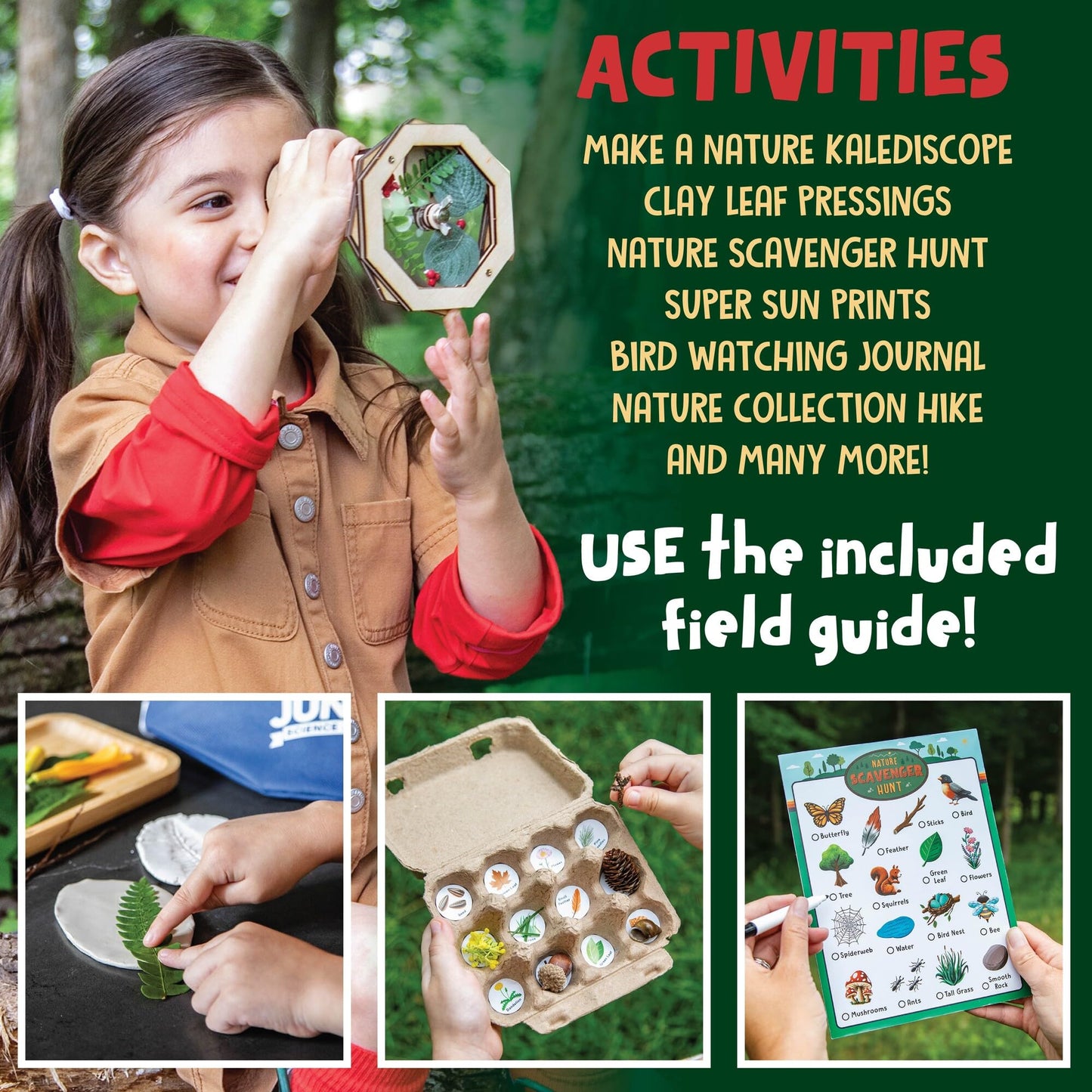 MindWare Junior Science Academy Nature Adventure Science Kit – STEM Outdoor Discovery Kit for Kids Ages 4+ Build a Kaleidoscope, Make Sun Prints, Create Clay Pressings & Explore Nature with Binoculars
