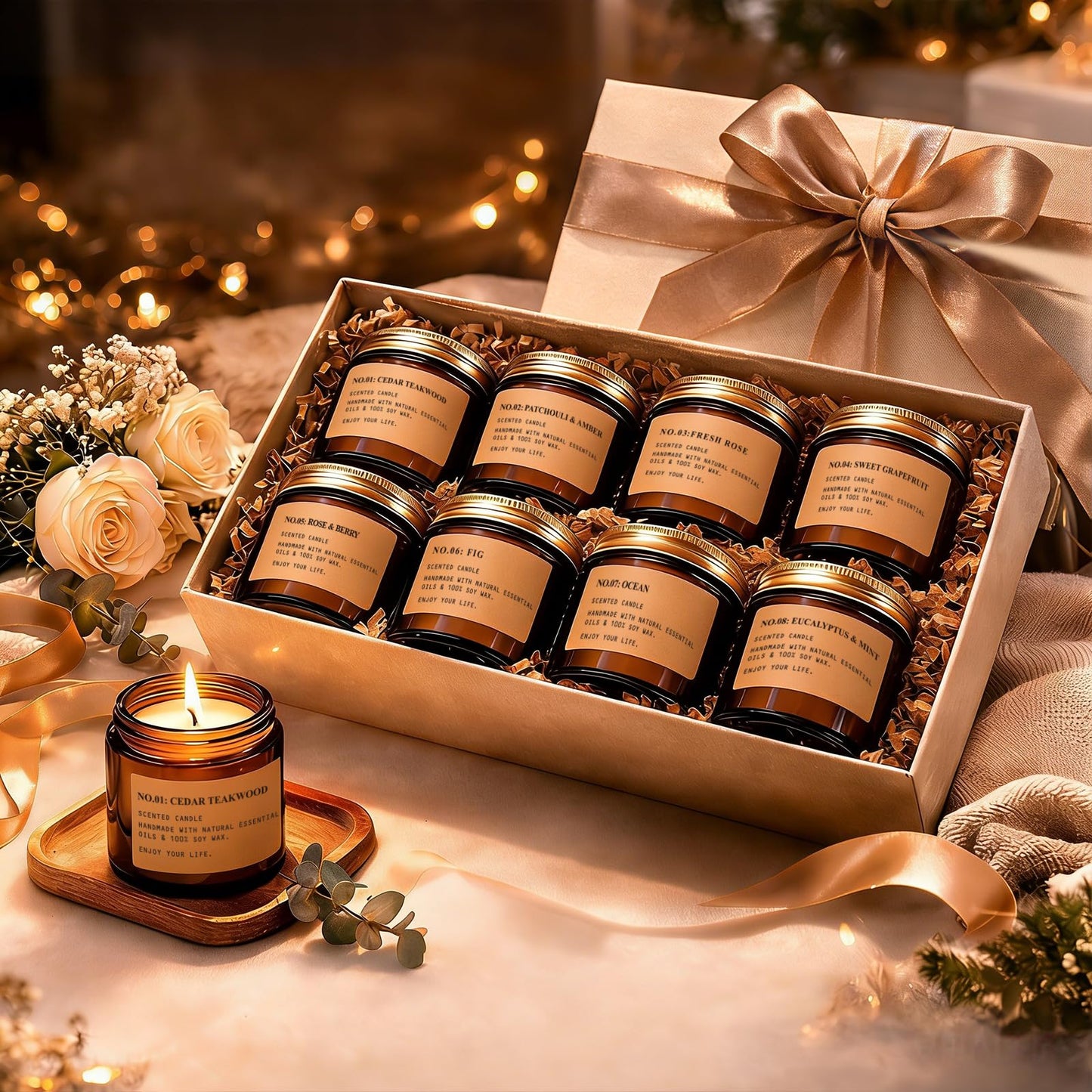 Scented Candles for Home, 8 Pack Soy Wax Candle Set, Aromatherapy Candles, Amber Jar Vintage Apothecary Style, 8 Scents Gift Set