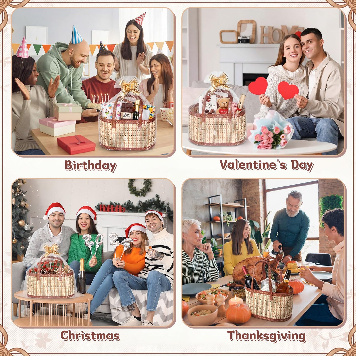 Reallnaive 2 Set Gift Basket Empty Woven Bamboo Storage Baskets with Clear Gift Bags Pull Bows Ribbon Foldable DIY Gifts Basket Kit with Handle for Baby Shower Housewarming