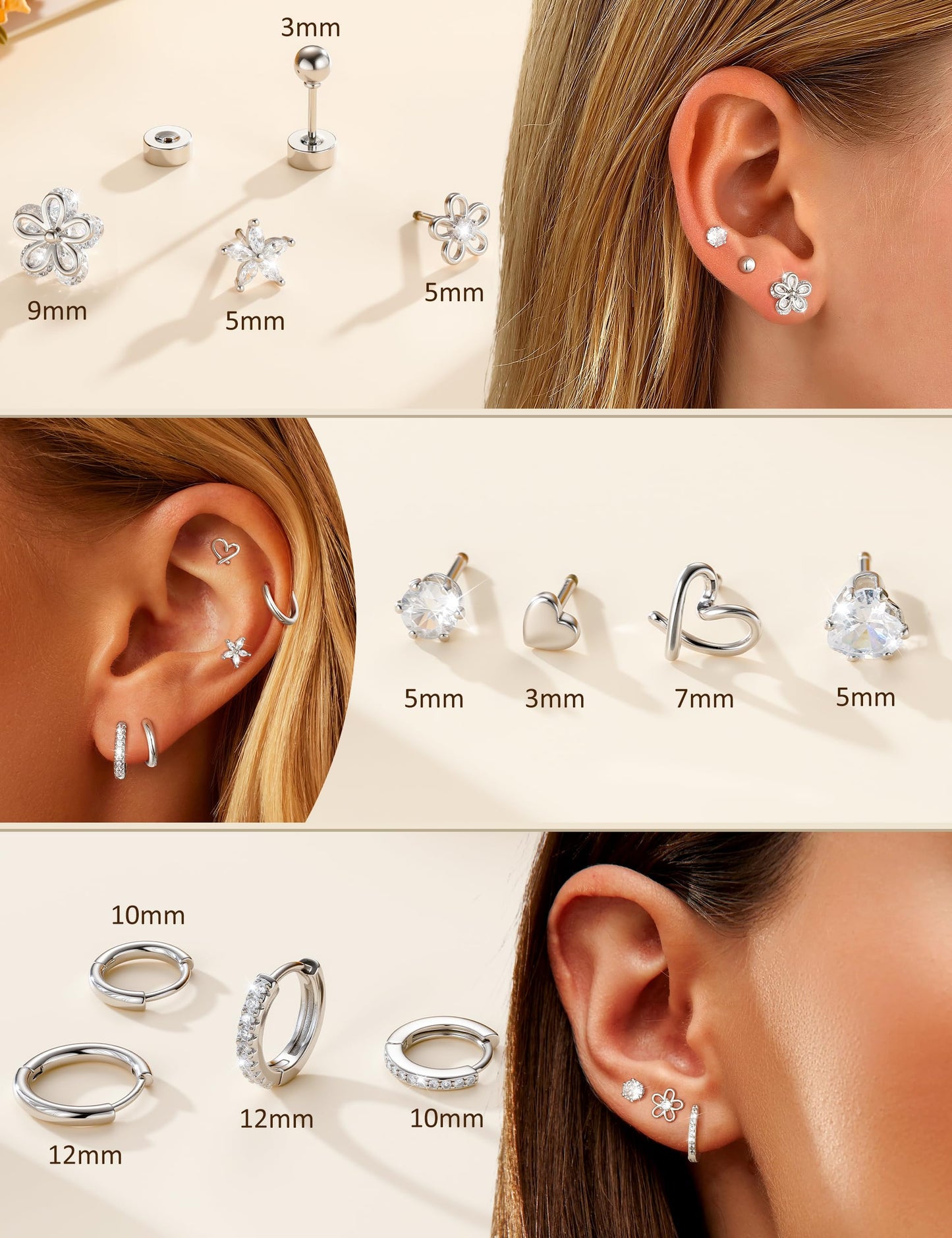 Ritach Hypoallergenic Surgical Steel Hoop Earrings, 14K Gold Plated Stainless Steel Studs for Sensitive Ears, Flat Back Cartilage Set (14K Silver Plated)