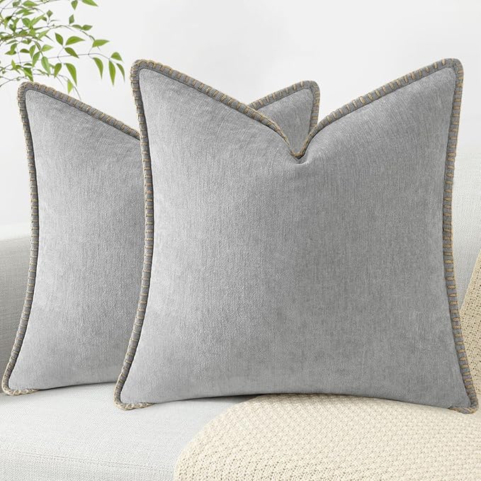 decorUhome Chenille Soft Throw Pillow Covers 26x26 Set of 2, Farmhouse Velvet Neutral Decorative Euro Pillow Covers with Stitched Edge for Couch Sofa Bed Home Decor, Neutral Gray
