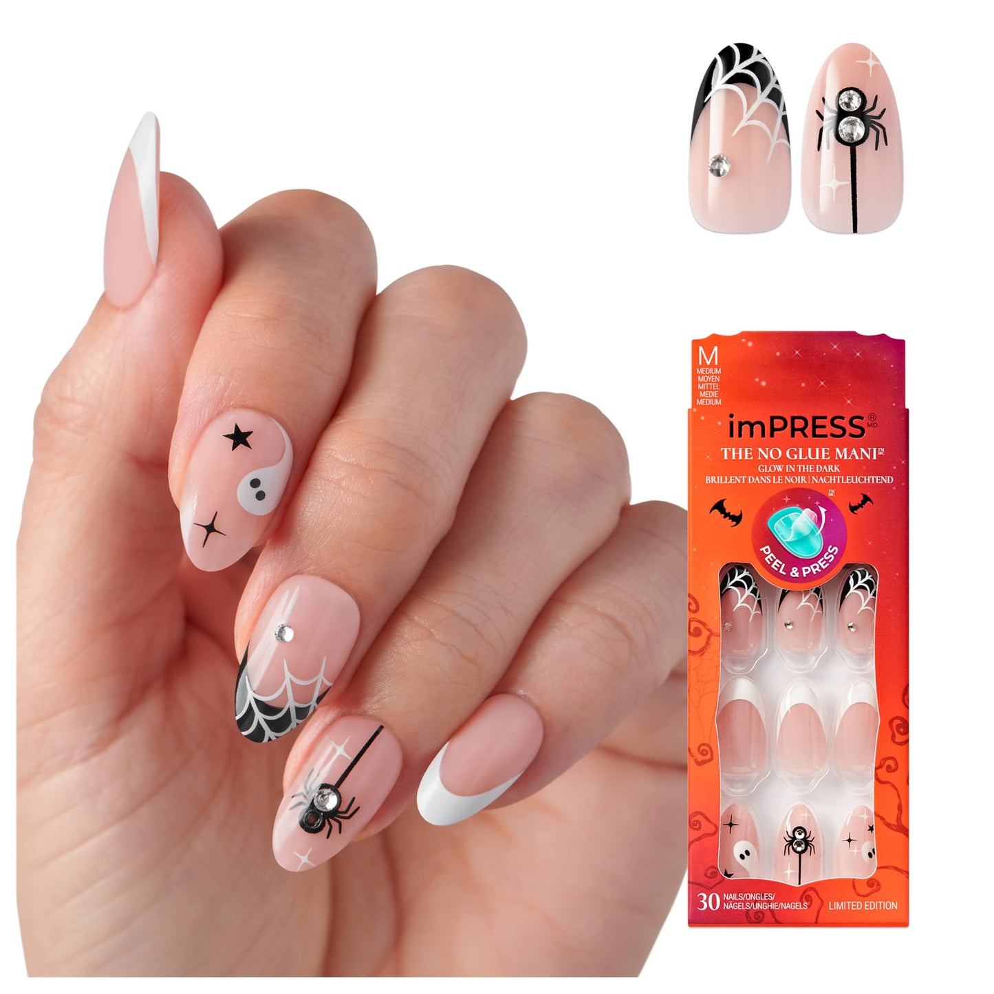 KISS imPRESS Halloween Press On Nails Almond, ‘Drop-dead Gorg’, White, Medium, Glossy Finish, No Glue, Glow-In-The-Dark, Includes Prep Pad, Mini Nail File, Manicure Stick & 30 Fake Nails