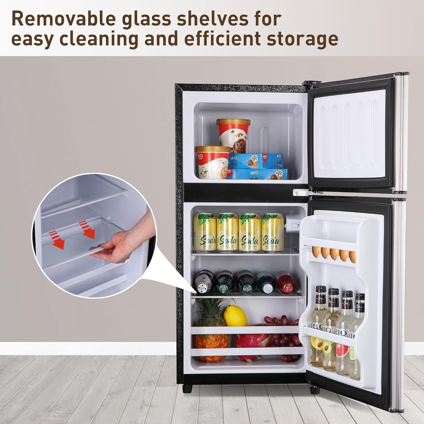 Mini Fridge with Freezer, 3.2 Cu. Ft. Small Fridges with Freezer, Refrigerators Adjustable Thermostat, Apartment Size Refrigerator with Freezers for Office, Apartment, Dorm, Kitchen, Silver