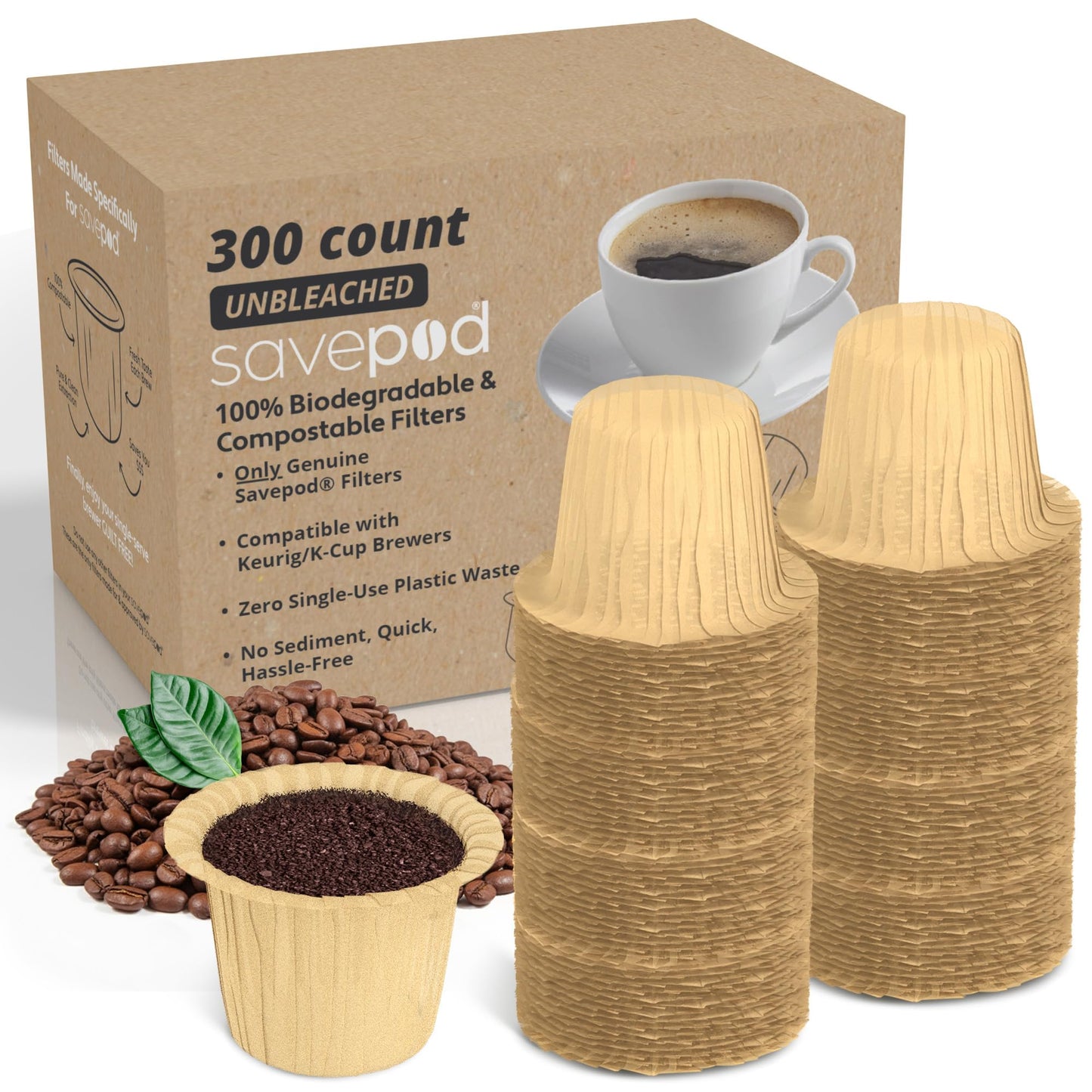 Savepod Disposable Unbleached Coffee Filters - 300 Count - Made Exclusively for Savepod - Compatible with K-Cup Brewers - Reusable K-Cup Coffee Filters - Single Serve Use