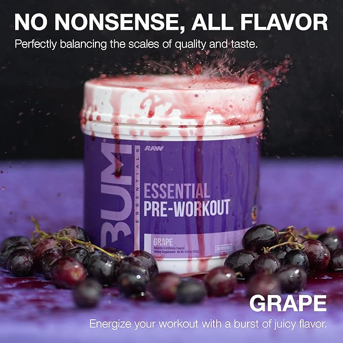 RAW Essential Pre-Workout Powder (Grape) - Chris Bumstead Sports Nutrition Supplement for Men & Women - Preworkout Energy Powder with Caffeine, L-Citrulline, L-Tyrosine, & Beta Alanine Blend