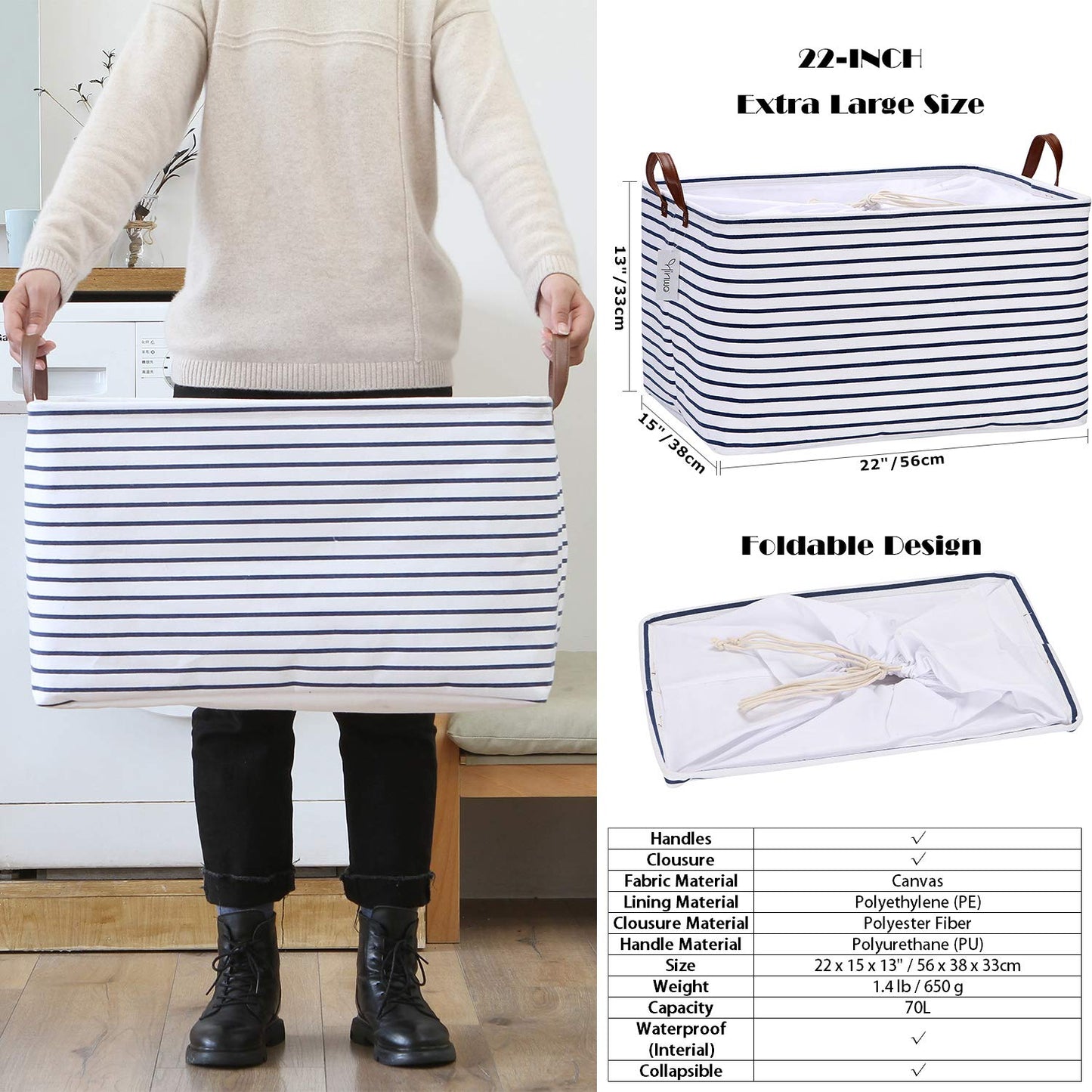 Hinwo 70L Extra Large Storage Bins, 6-Pack Closet Organizers and Storage, Foldable Clothes Storage Baskets with Handles, Containers for Clothing, Blanket, Comforters, Toys, Bedding (White)