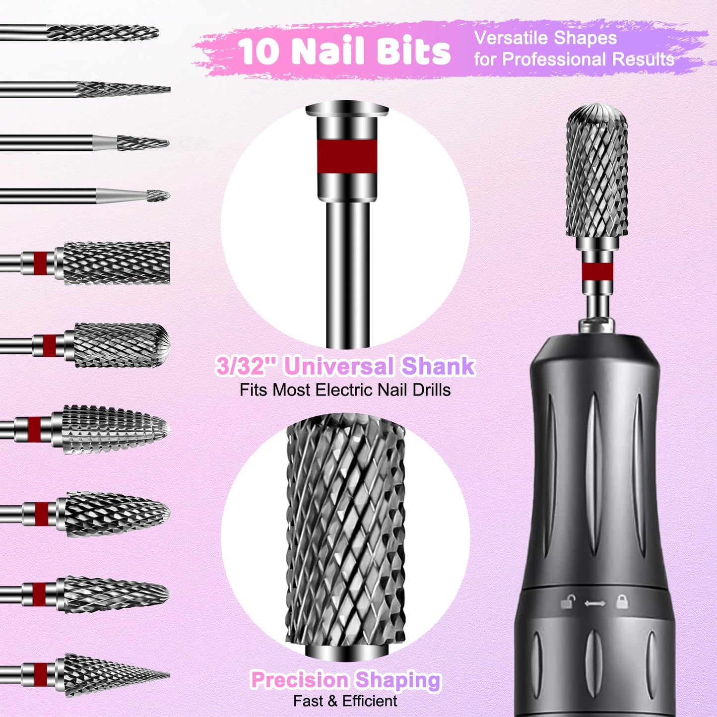 CGBE Nail Drill Bits Set: 10PCS Tungsten Carbide Nail Drill Bits for Acrylic Nails, 3/32'' Shank Professional Nail Bits for Nail Drill Cuticle Drill Bit for Home Salon Nail Enthusiasts Manicurist
