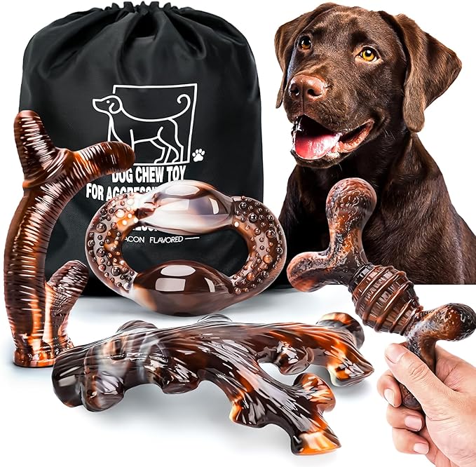 OSORD 4 Pack Dog Chew Toys for Aggressive Chewers - Tough Indestructible Dog Toys with Bacon Flavor- Durable Nylon Bones Toy for Small Medium Large Breed - Puppy Gifts