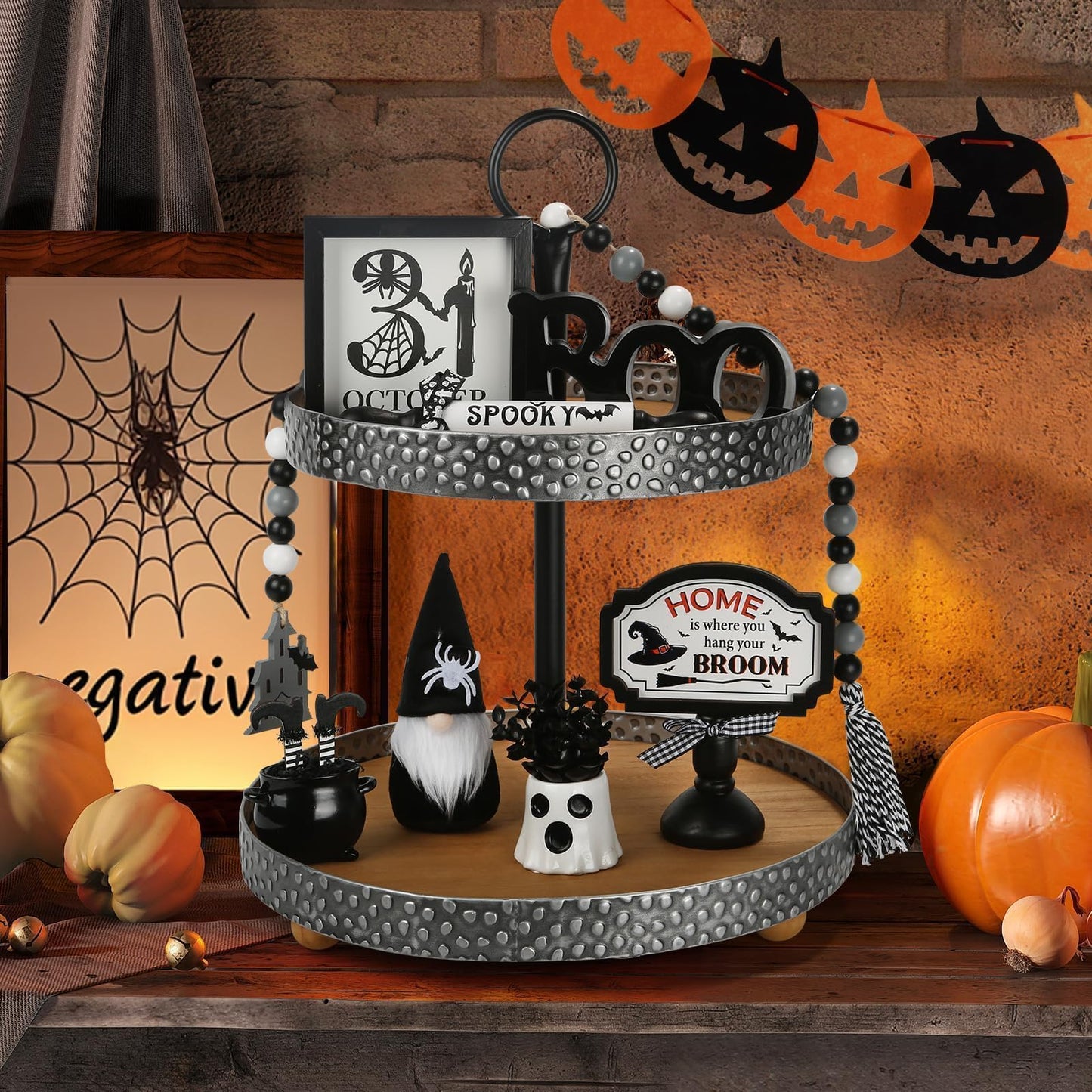 Halloween Decorations 8PCS Tiered Tray Decor, Cute Tabletop Halloween Decor for Home Tray Shelf Mantel Coffee Bar Office Table Centerpieces Farmhouse Rustic Spooky Wood Signs