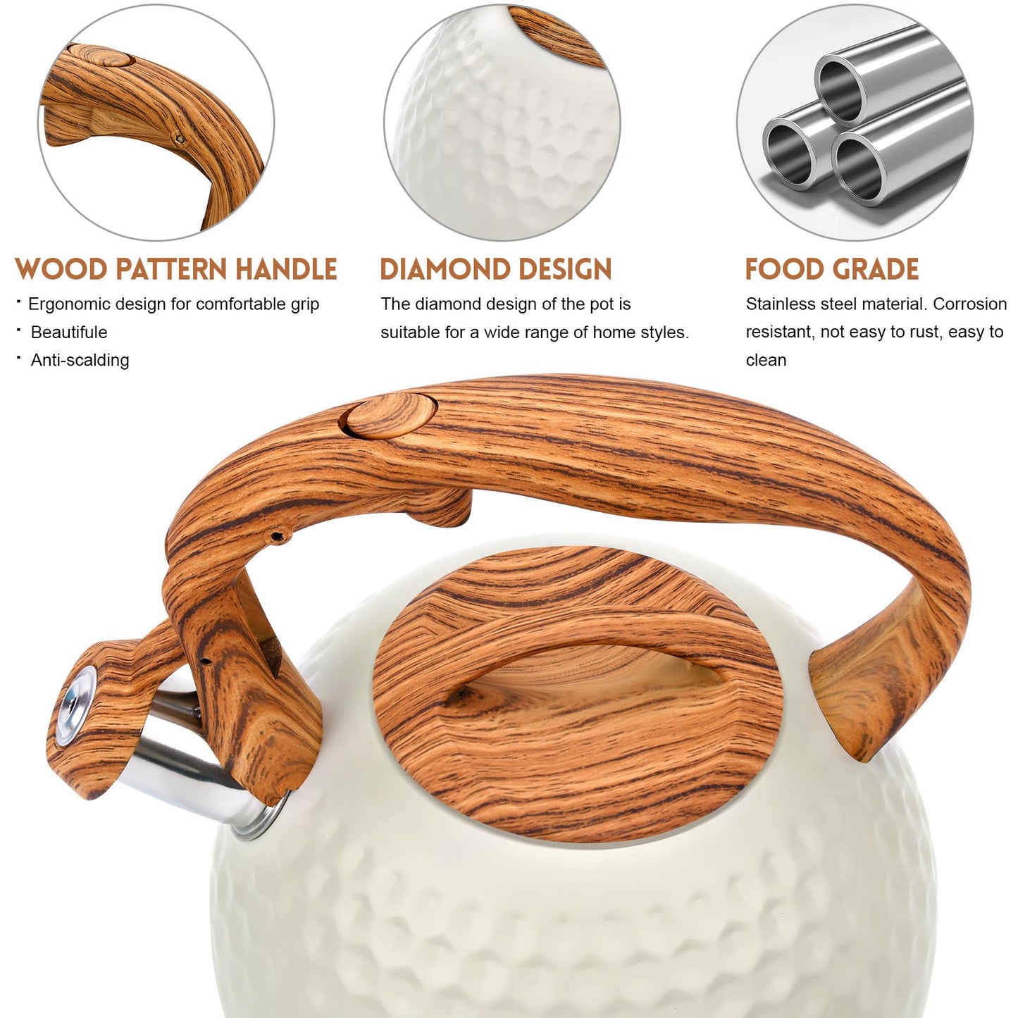 GGC Tea Kettle for Stove Top, Loud Whistling Kettle for Boiling Water Coffee or Milk, 3.1 Quart 3L Heavy Stainless Steel White Kettles with Wood Pattern Handle, Unique Button Control Kettle Outle