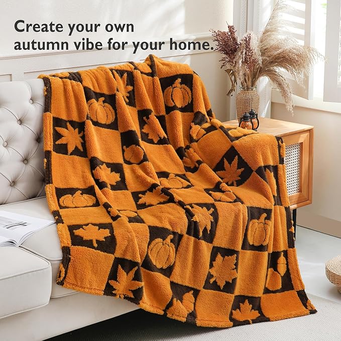 SOCHOW Fall Decor Jacquard Throw Blanket, Fuzzy Soft Warm Pumpkin Maple Leaves Plaid Autumn Checkered Blanket for Couch, Sofa and Bed, 50 x 60 Inches, Orange/Black
