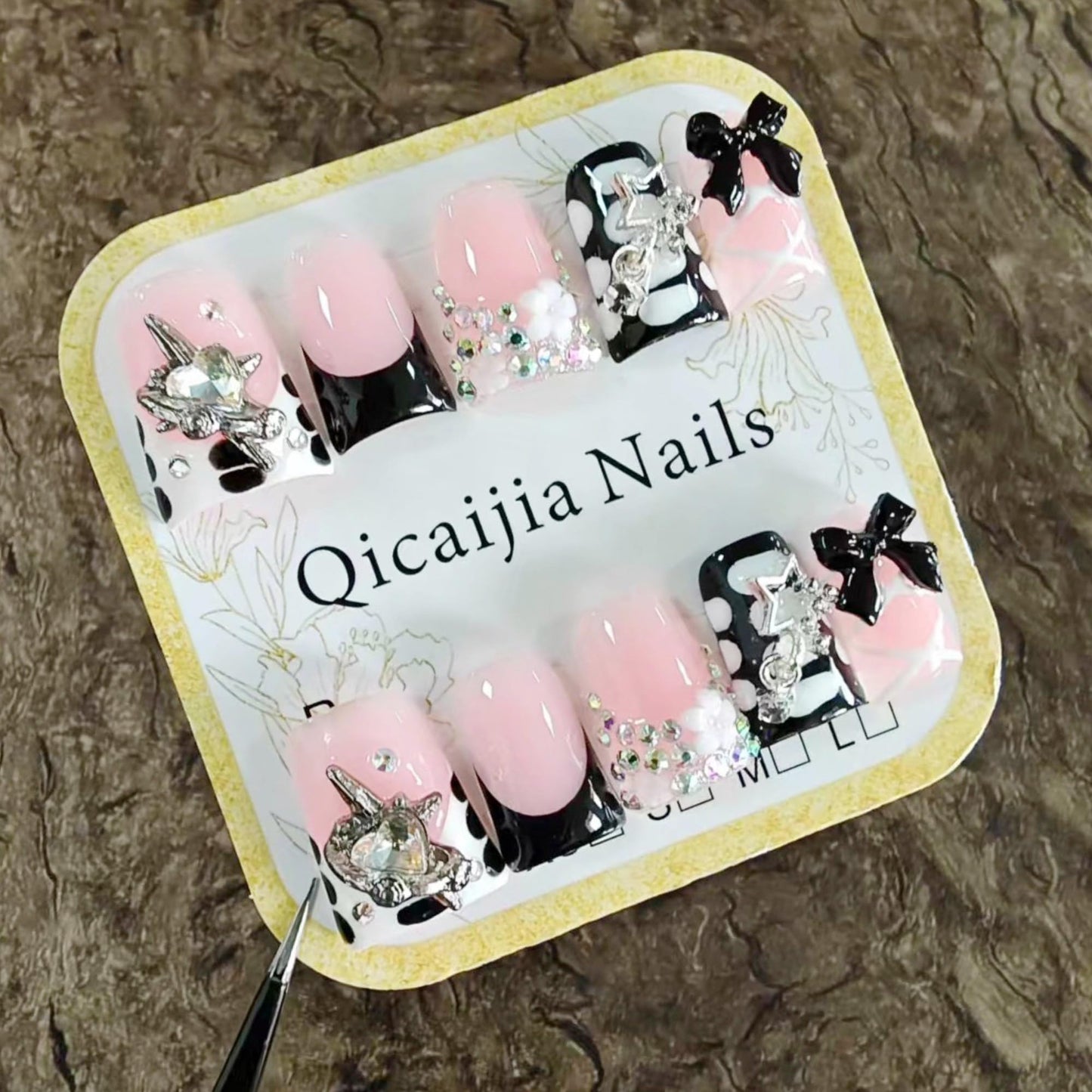 Handmade Duck Press on Nails Medium Fake Nails Black French Tip Press on Nails with 3D Bow Rhinestone Design Multi Gel Acrylic False Nails Luxury Duck Nails Press ons for Women Manicure 10Pcs(Size M)