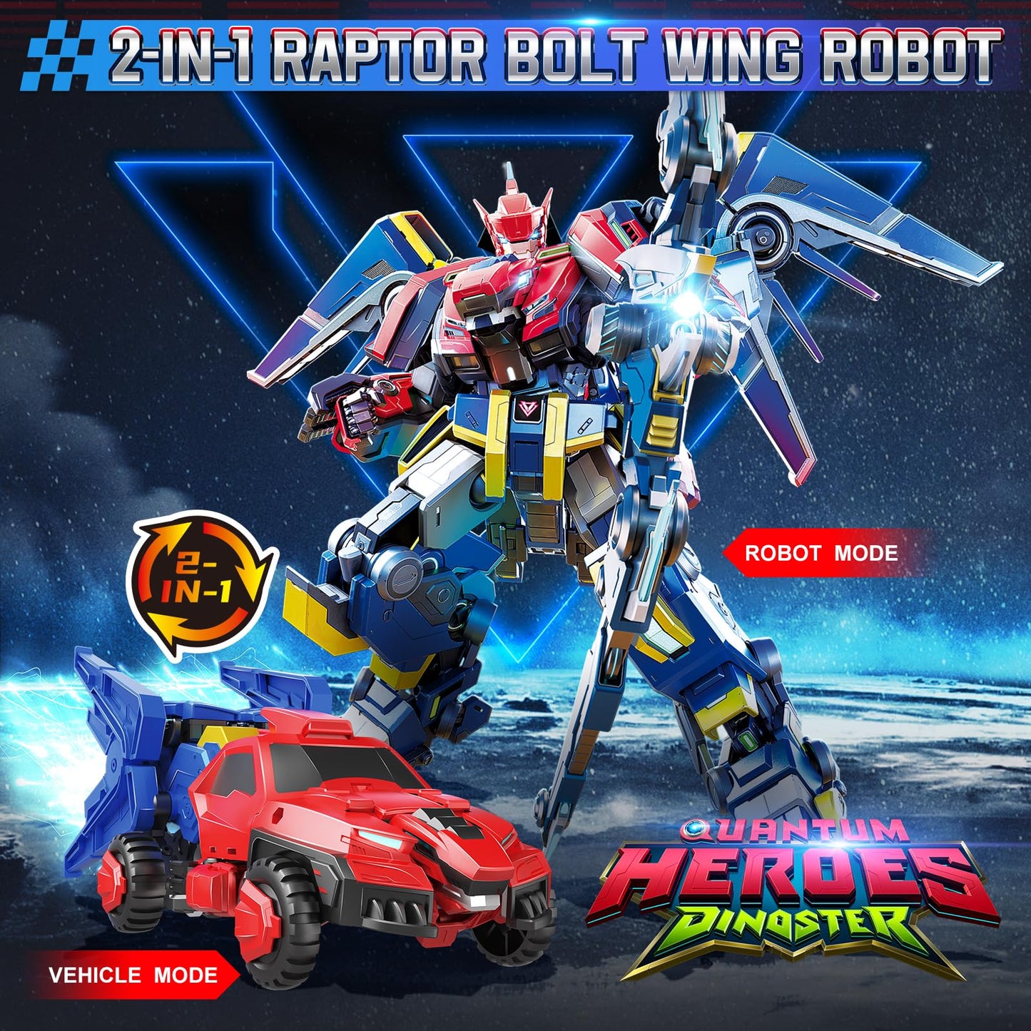 QUANTUM HEROES DINOSTER Transformable Robot 2 in 1 Raptor Bolt Wing, 8.66 inch, Transforming Robot Toy for Kids, Chariot Transforming Toy for Boys Girls 5 6 7 8 9 10 Years, Red Blue