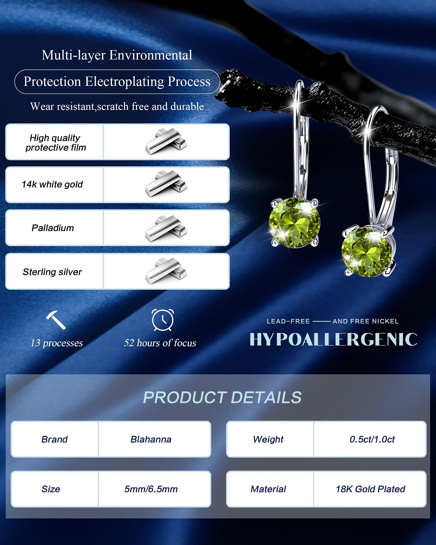 Blahanna Moissanite Earrings,1.0ct-2.0ct D Color Brilliant Round Cut Earrings S925 Sterling Silver Dangle Earrings Moissanite Leverback Drop Earring