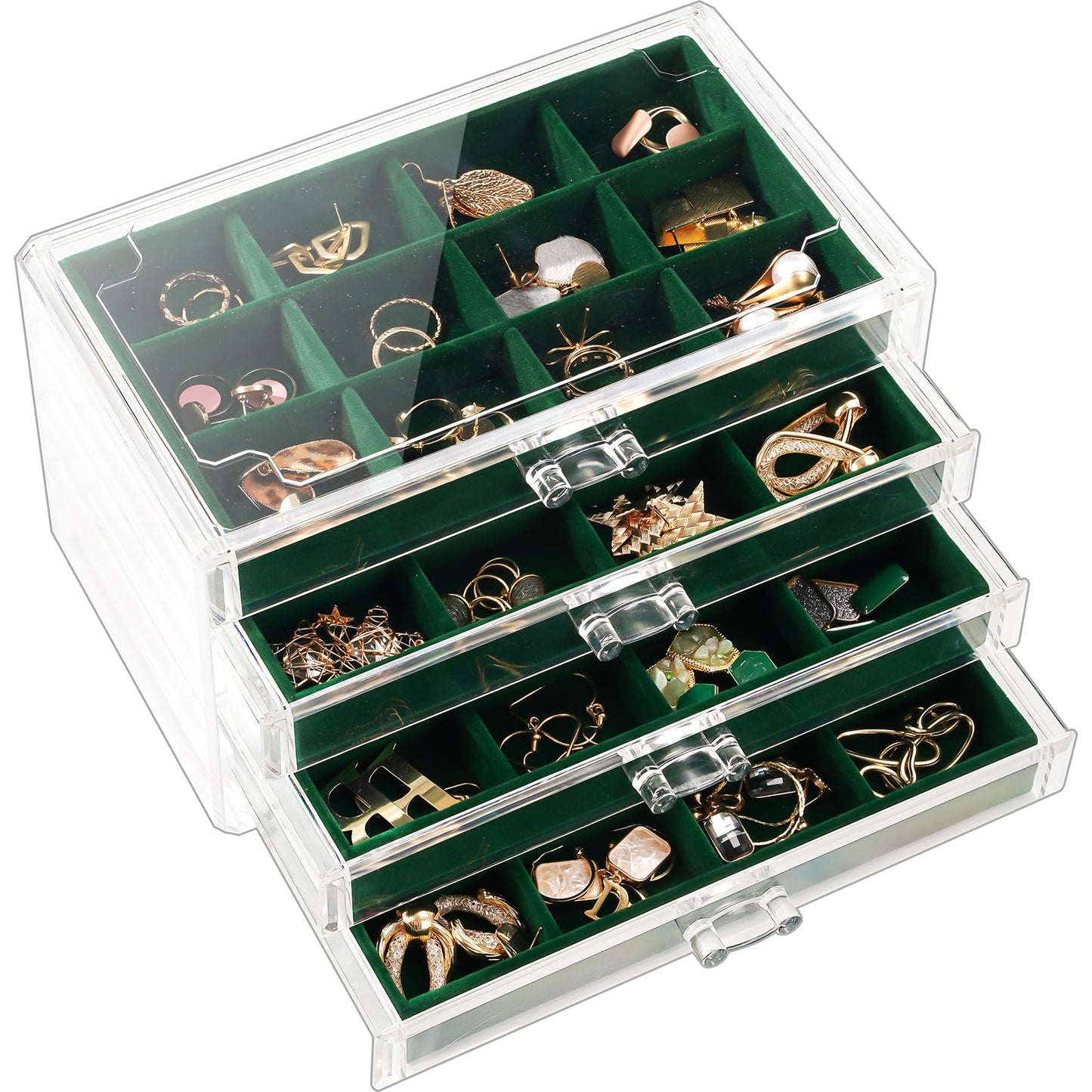 Lolalet Earring Holder Organizer Box Jewelry Storage with 4 Drawers, Clear Acrylic Stackable Earring Case with Adjustable Velvet Trays for Women on Dresser Vanity -Emerald, 4 Layers