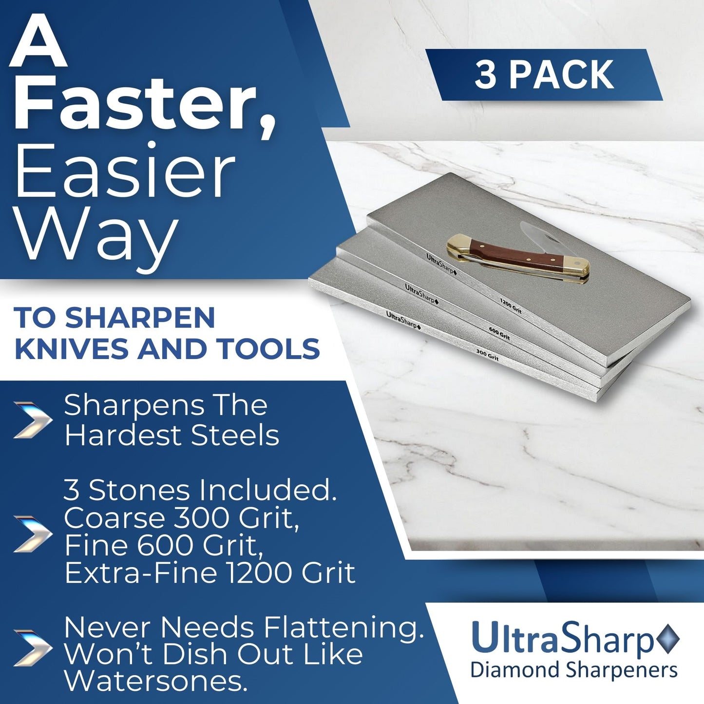 Ultra Sharp Diamond Sharpening Stone Set - 8 x 3 Coarse/Medium/Extra Fine