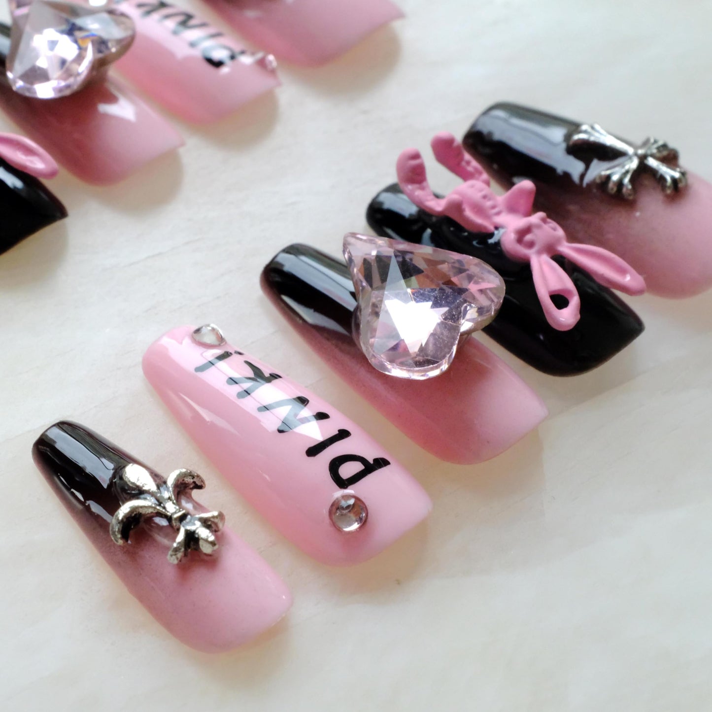 GLORS Luxury long Long Ballerina Press-On Nails, Pink and Black Gothic Design with 3D Bunny and Diamond Heart, Handmade False Nail 10 Pieces (Small, LS)