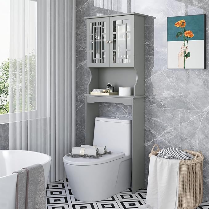 Giantex Over-The-Toilet Storage Space Saver, Bathroom Organizer with Cabinet and Shelf, Above Toilet Standing Rack (Gray)