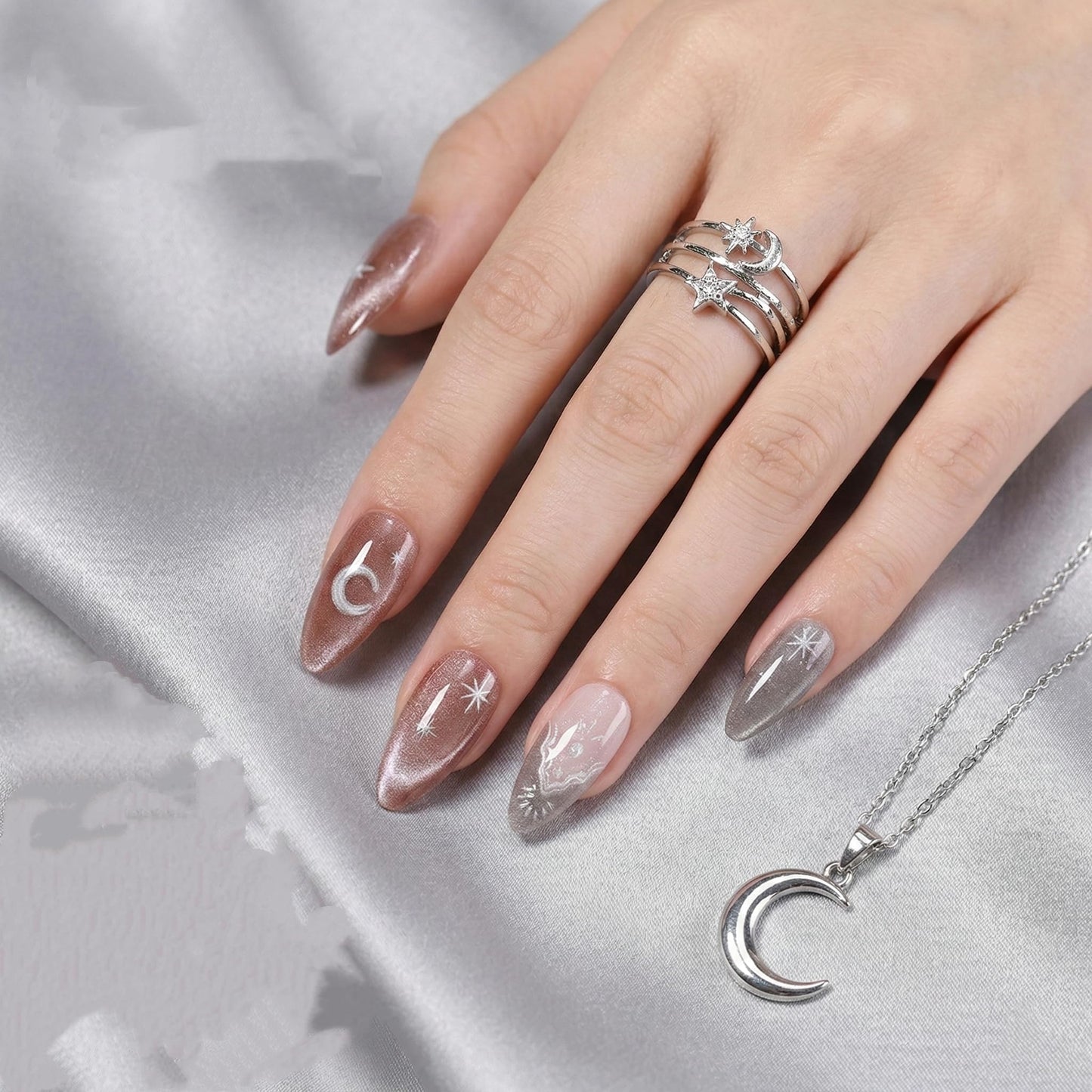 Long Press on Nails Almond Fake Nails Brown and Silver Acrylic Nail Press ons Seeneey Moon and Silver Floral Charm Designs Cat eye Stick on Nail for Women 24pcs