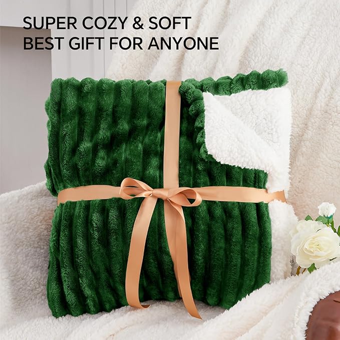 INFIIXSO Sherpa Fleece Queen Size Blanket - Super Soft & Warm Striped Fleece, Cozy Plush Fluffy Large Bed Blanket All Season Use (Dark Green, 90x90 Inches)